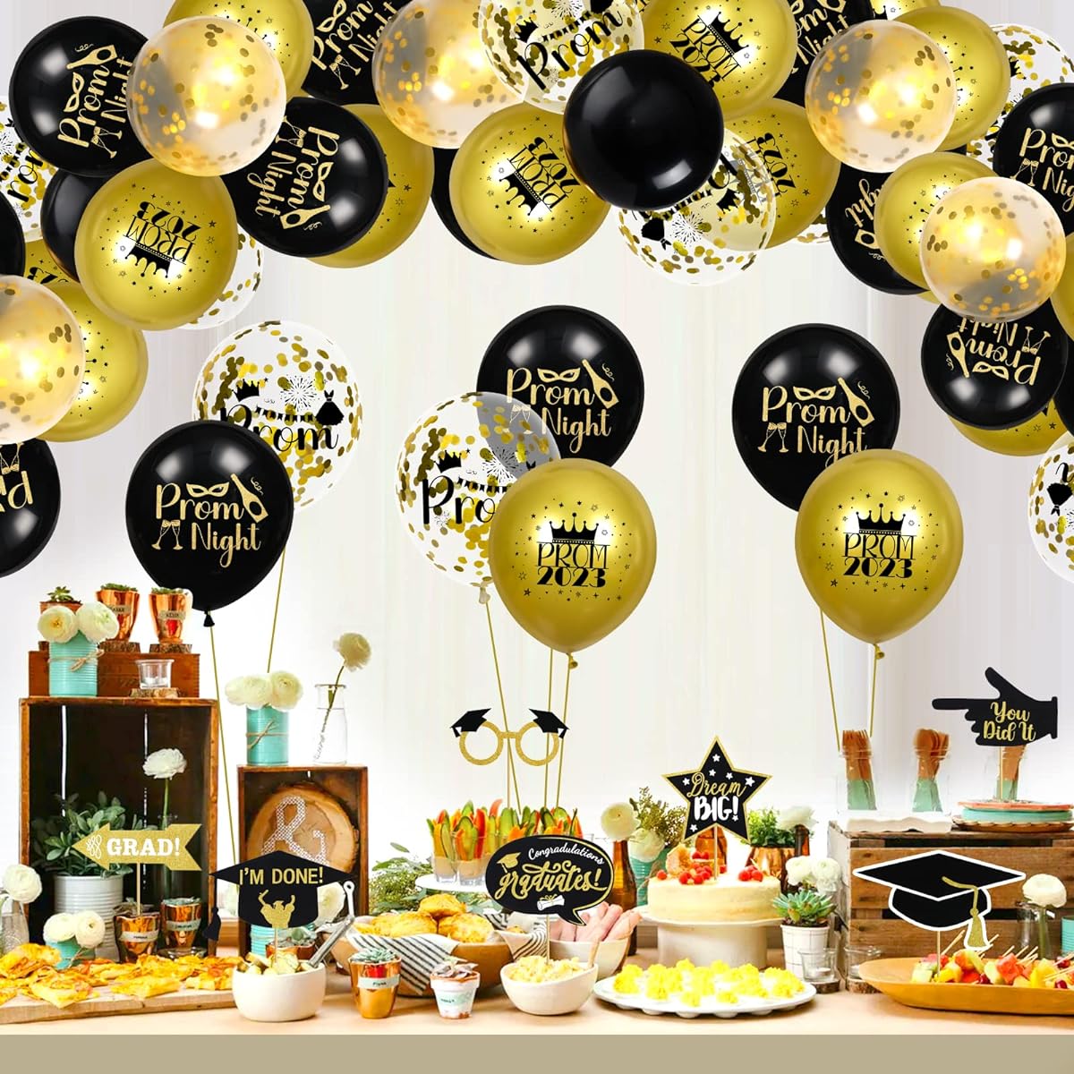 42pcs Prom 2023 Balloons Black Gold Graduation Prom Night Party Balloon Decorations Prom Theme Latex Balloons Confetti Balloons Graduation Party Decorations Supplies