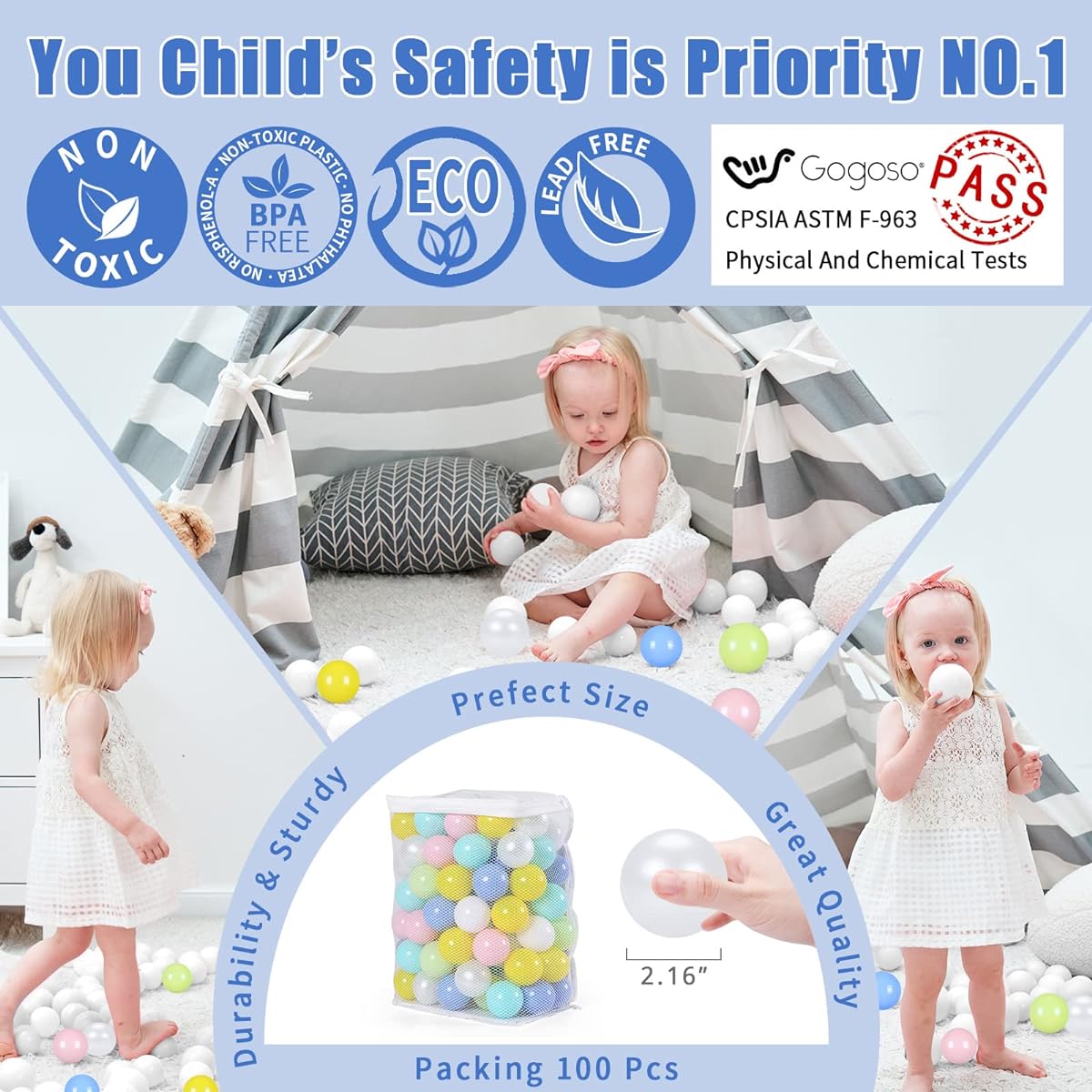 GOGOSO Children's Play Ball - Soft Non-Collapsible BPA Free Pit Ball in Fun Colors for Indoor/Outdoor Play