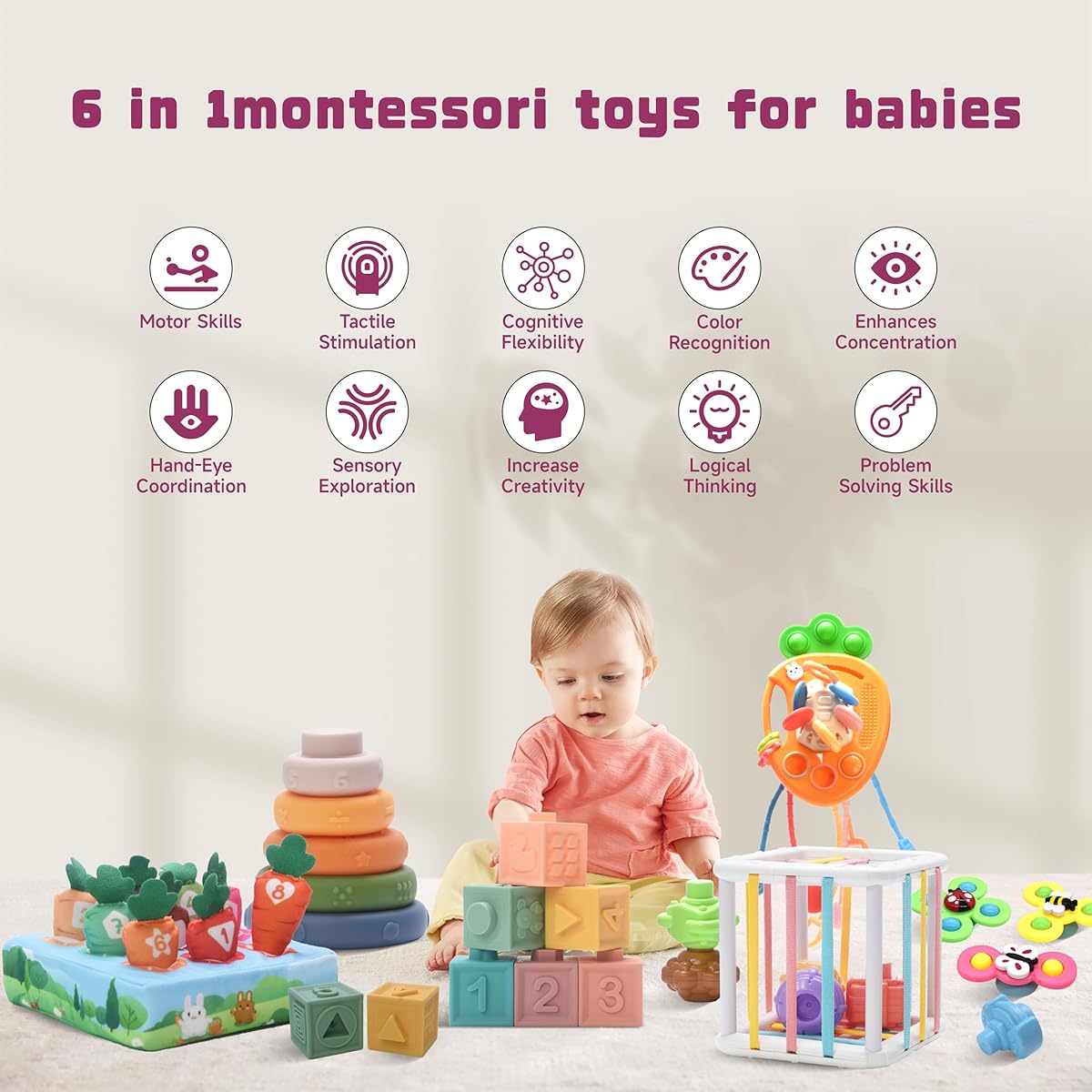 FLLOBE Baby Toys for 6-12 Months, Montessori Toys for 1-3 Years Old, 6-in-1 Set, Baby Bath Toys, Stacking Toys, Sensory Toys, Pull String Toys, Gifts for Toddlers (6-in-1 Baby Toy Set)