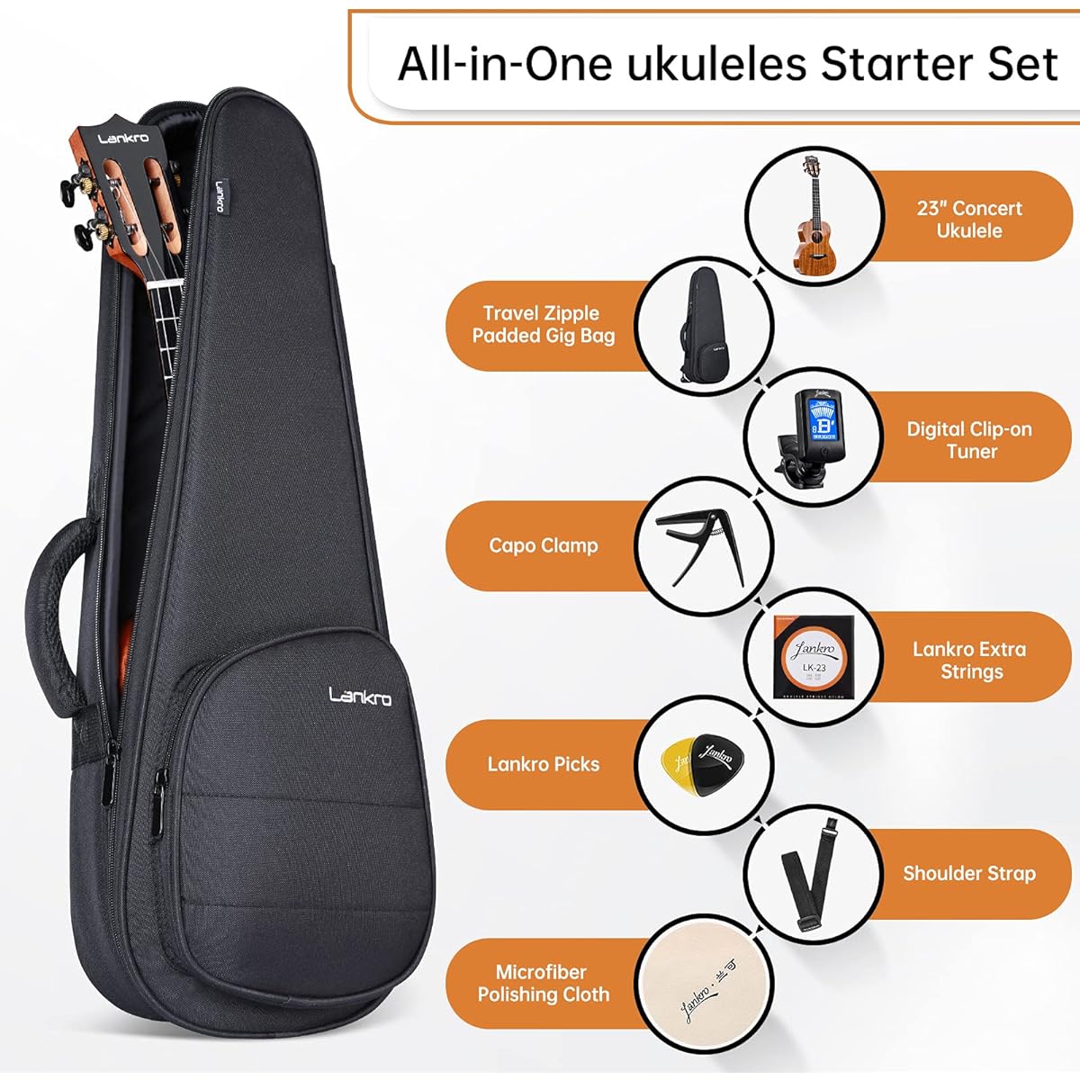 Lankro Concert Ukulele Beginner 23" Solid Mahogany Ukulele Professional Wooden Ukulele Beginner Kit with Gig Bag Pick Tuner Strap Carbon Fiber String Cleaning Cloth