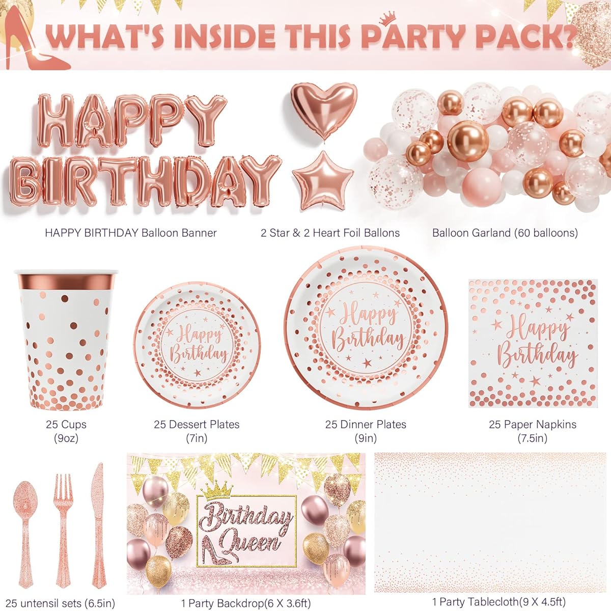 Ecomore White Rose Gold Party Supplies - 258pcs Girls Birthday Decorations & Disposable Tableware Set (25pcs) with Happy Birthday Paper Plates Cups Napkins Banner Tablecloth Backdrop Balloon Kit