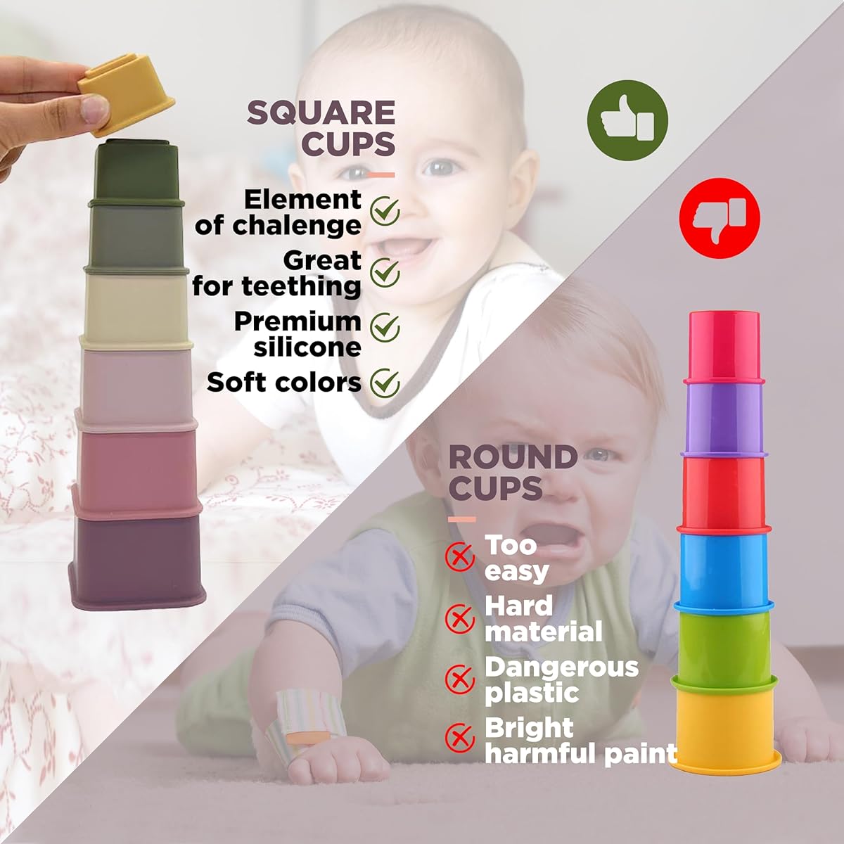 Baby Stacking Cups - Square Silicone Nesting Cups - Montessori Waldorf Early Development Motor Skills Educational Stacking Blocks - Sorting, Teething Snacks, Bathtime, Toddlers, Boys, Girls, 7pcs