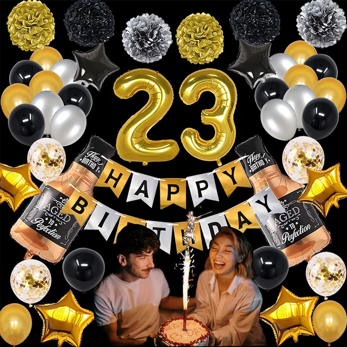 NANINUNENO 23rd Birthday Decorations Gold Black Silver Happy Birthday Balloons for Boys Girls Women Birthday Party Set 23 Gold Number Balloons Happy Birthday Banner Whiskey Bottle Balloons