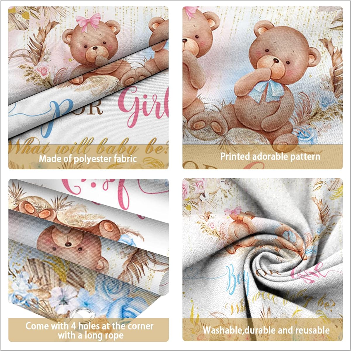AIBIIN Boho Bear Gender Reveal Banner Backdrop Boy or Girl Baby Shower Party Decorations Supplies Pink Blue Flower Gender Reveal Theme Photo Background Decorative Banner