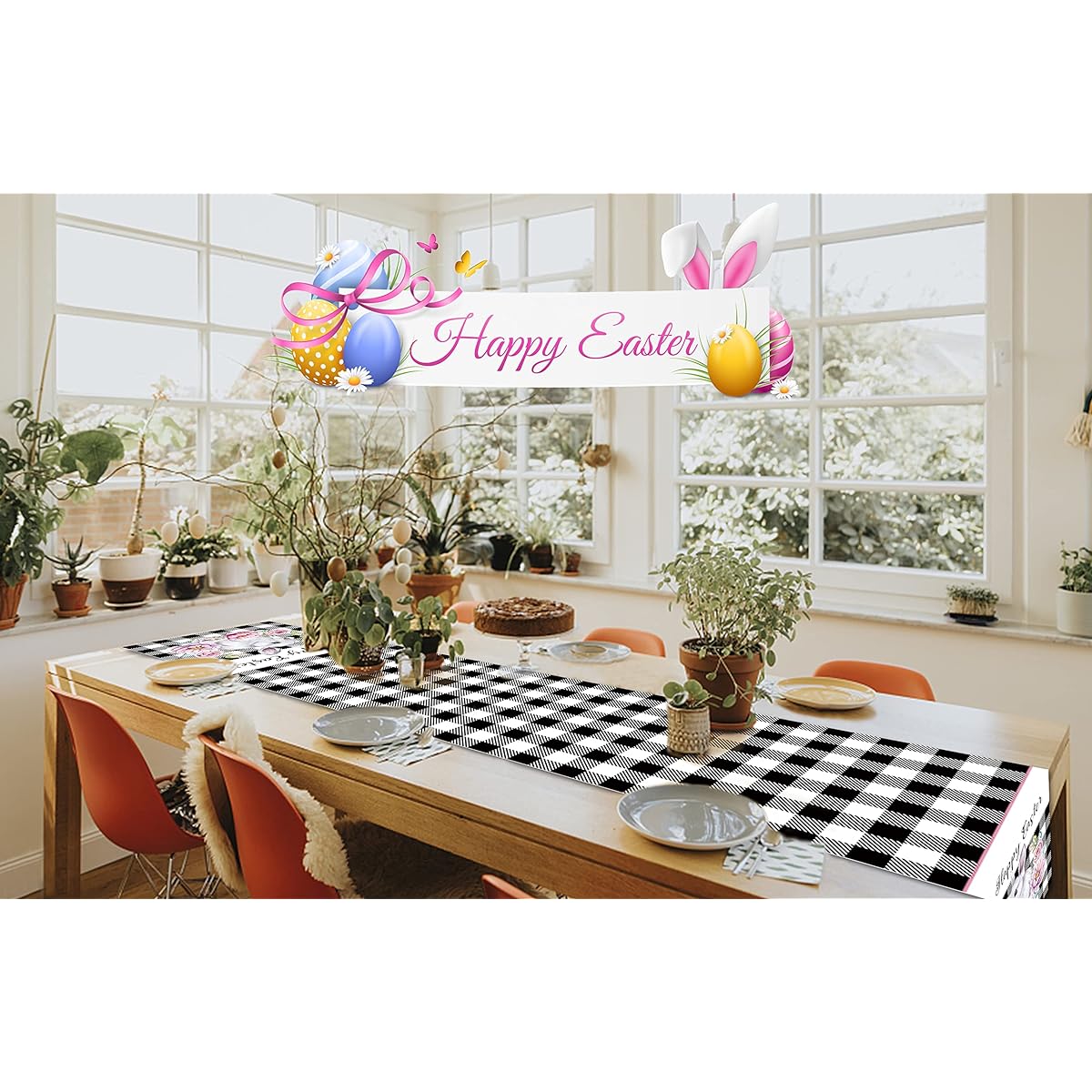 Flyart Easter Bunny Easter Table Runner, Easter Decorations, Happy Easter Rabbit Table Runner, Seasonal Spring Kitchen Dining Table Decor, Easter Decorations for Home Party Decor (13x72inch)