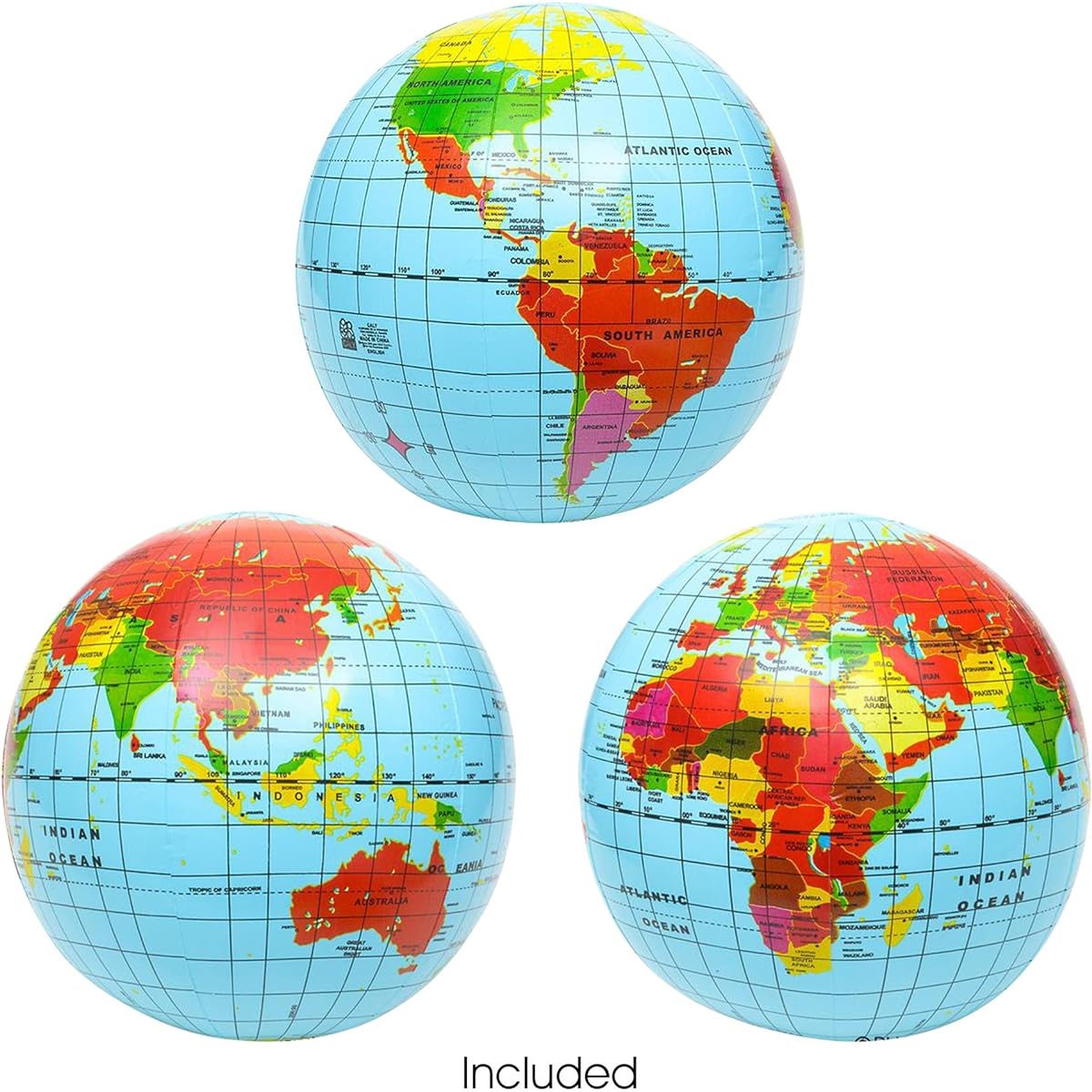 Inflatable World Globe Ball Set (Set of 6) by ArtCreativity Print Blue and Clear Colourful Earth Map 16" Floating Bouncing Balls for Pool, Summer Fun, Geography Learning & More