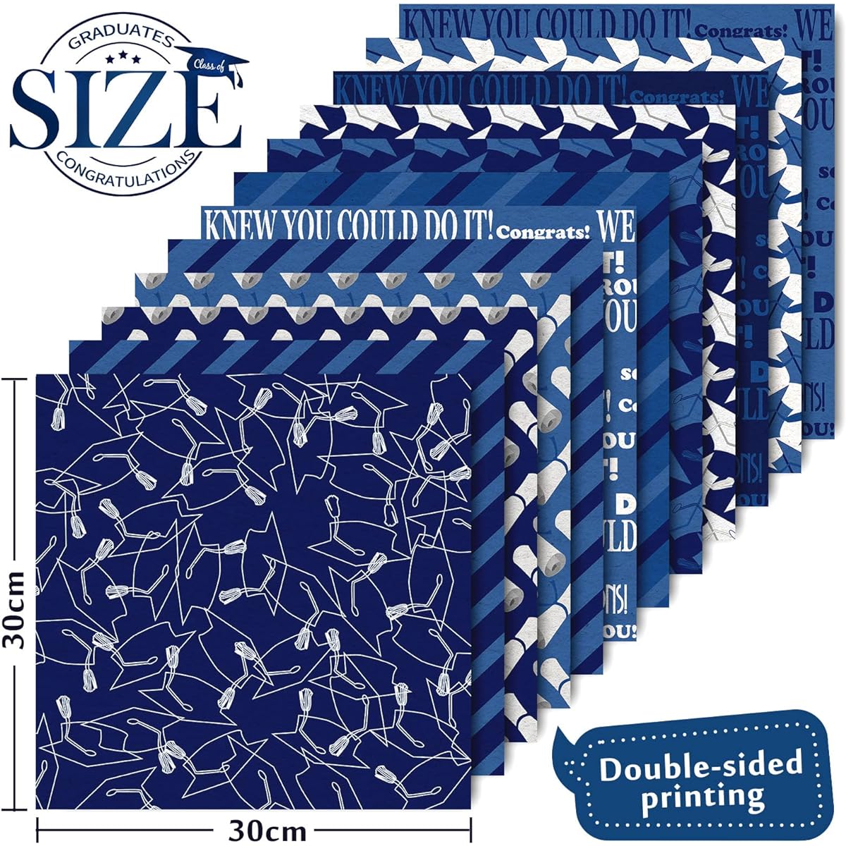 Whaline 12 Designs Graduation Pattern Paper 24 Sheets Blue Scrapbook Paper Double Sided Collection Decorative Craft Paper Folds Flat for Card Making Scrapbooking Graduation Photo Album Decoration 30 x 30cm