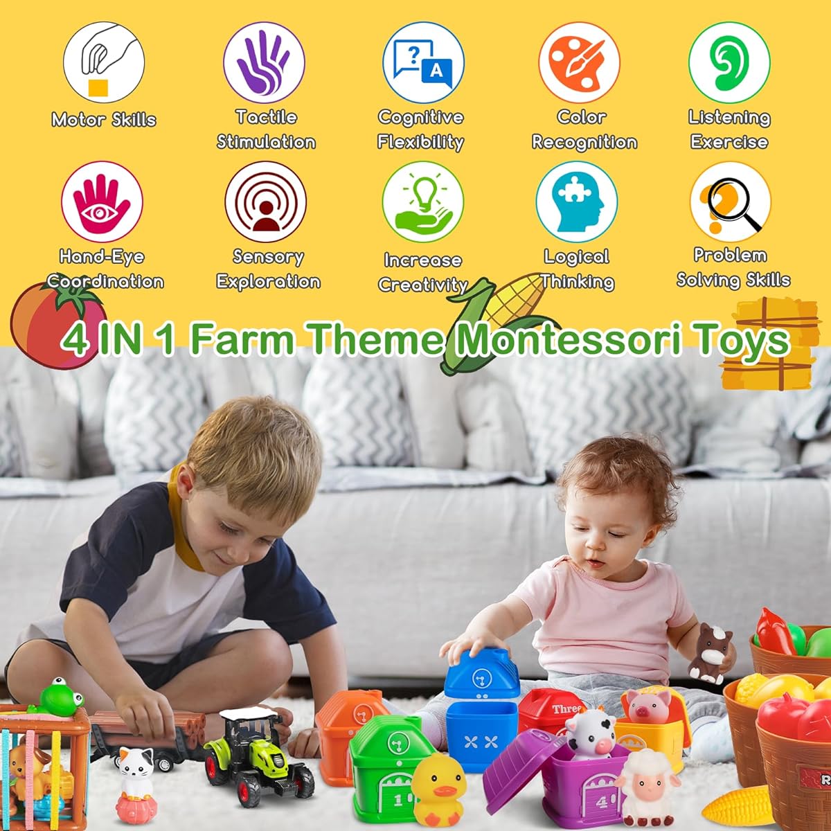 Wuzhineisn Learning Toys for 1 2 3 Years Old Toddler Farm Animals Montessori Toys for 6-18 Months Kids Finger Puppets Counting Matching Sorting Play Food Tractor Truck Gift for Boys Girls
