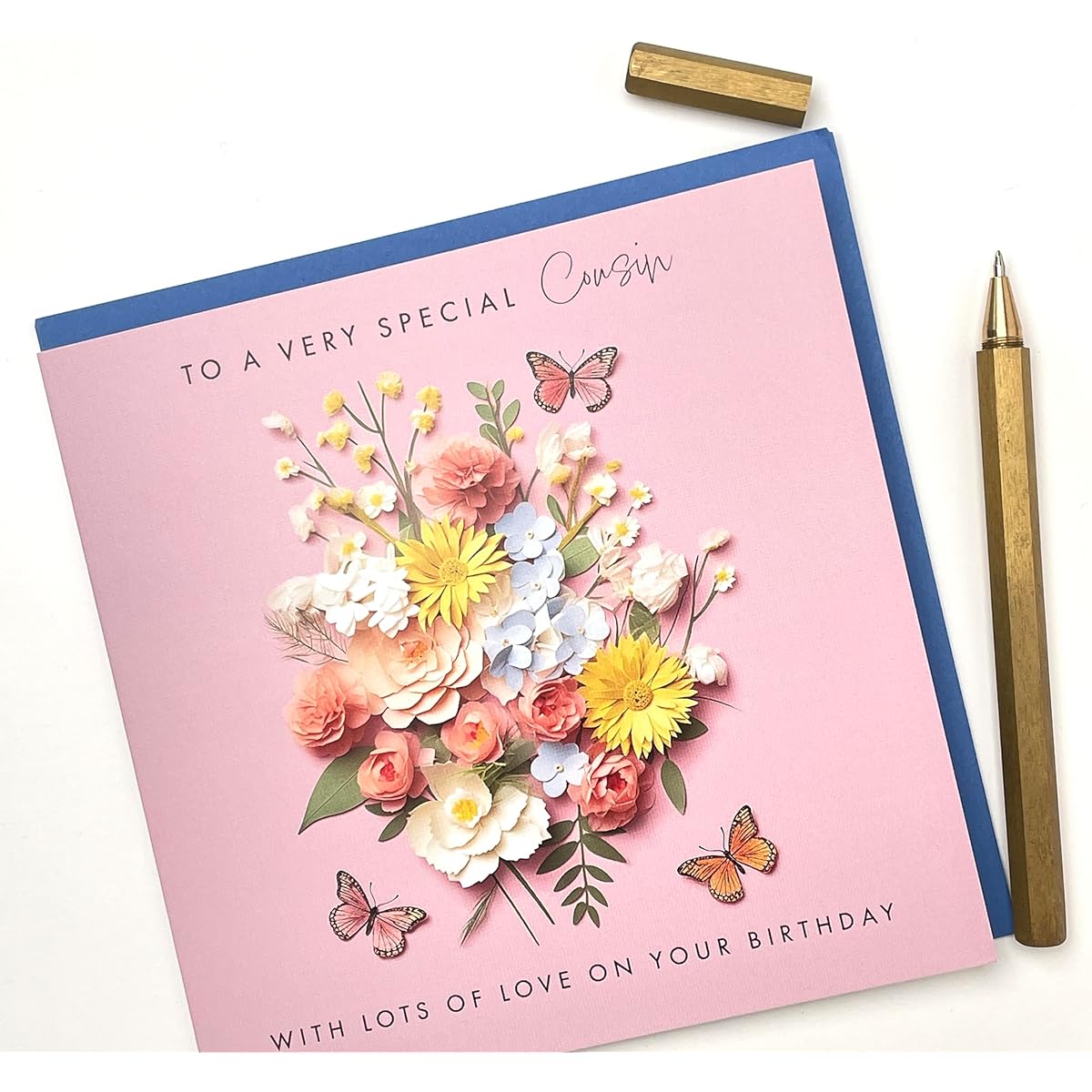 Old English Co. Special Cousin Birthday Card for Her - Pink Flower Butterfly Paper Cutout Artwork Birthday Card for Cousin - Cute Cousin Birthday Card | Blank Inner Envelope