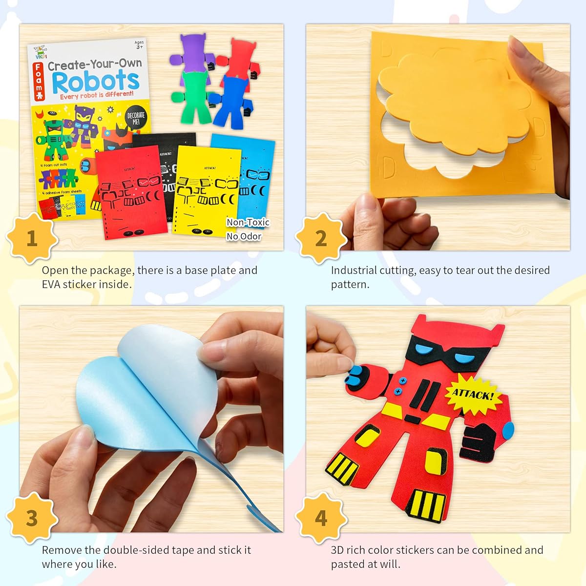 VKPI EVA Foam Art Craft Gift Kit, Creative Build Your Own Robot Cartoon Foam Paper Craft Projects for Ages 4+ Toddlers Preschool Learning Toys Birthday Party Favors