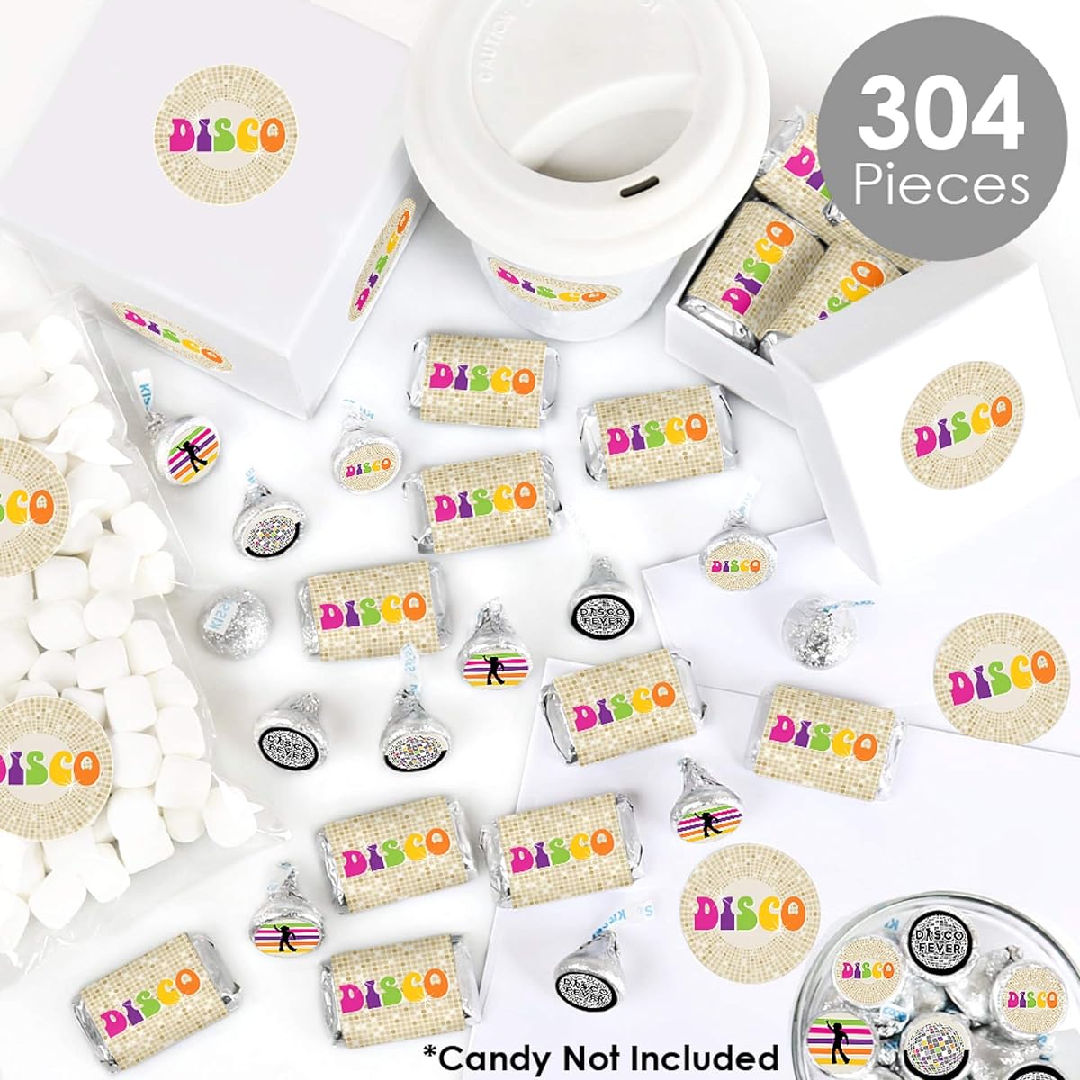 70's Disco - Mini Candy Burlap, Round Candy Stickers and Circle Stickers - 1970s Disco Fever Party Candy Favors Sticker Kit - 304 Pieces