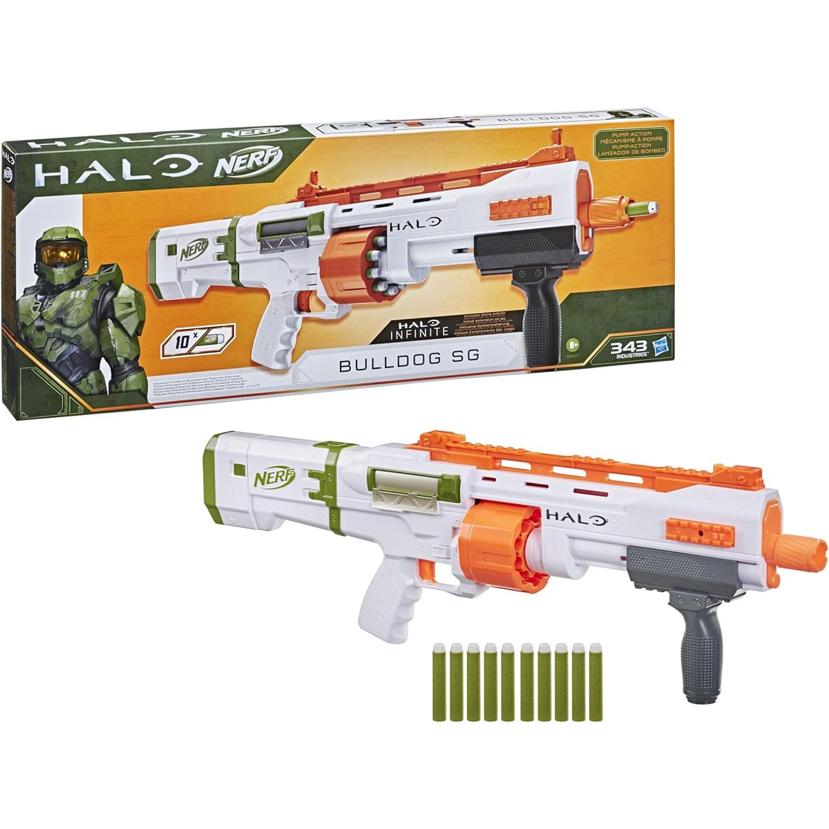 NERF Halo Bulldog SG Dart Blaster -- Pump-Action, Rotating 10-Dart Drum, Tactical Rails, 10 Official Elite Darts, Skin Unlock Code