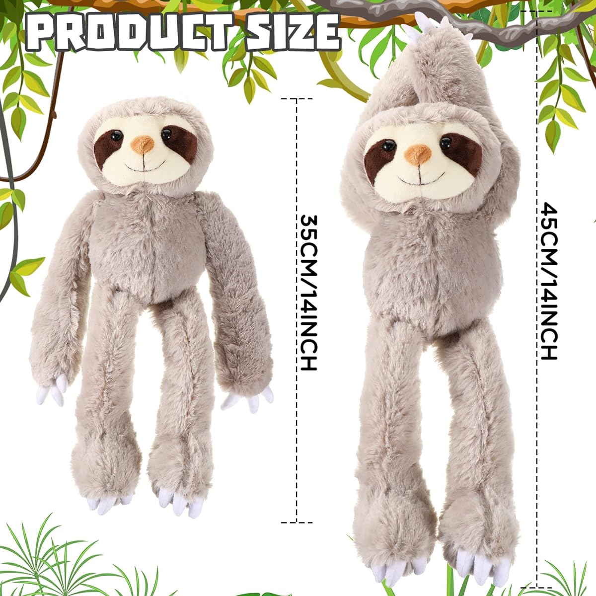 Queekay Sloth Plush Toy, 18" Three Fingered Sloth Stuffed Animal with Hook and Loop Hands for Teens and Adults Gifts and Decor, Grey, Pack of 2