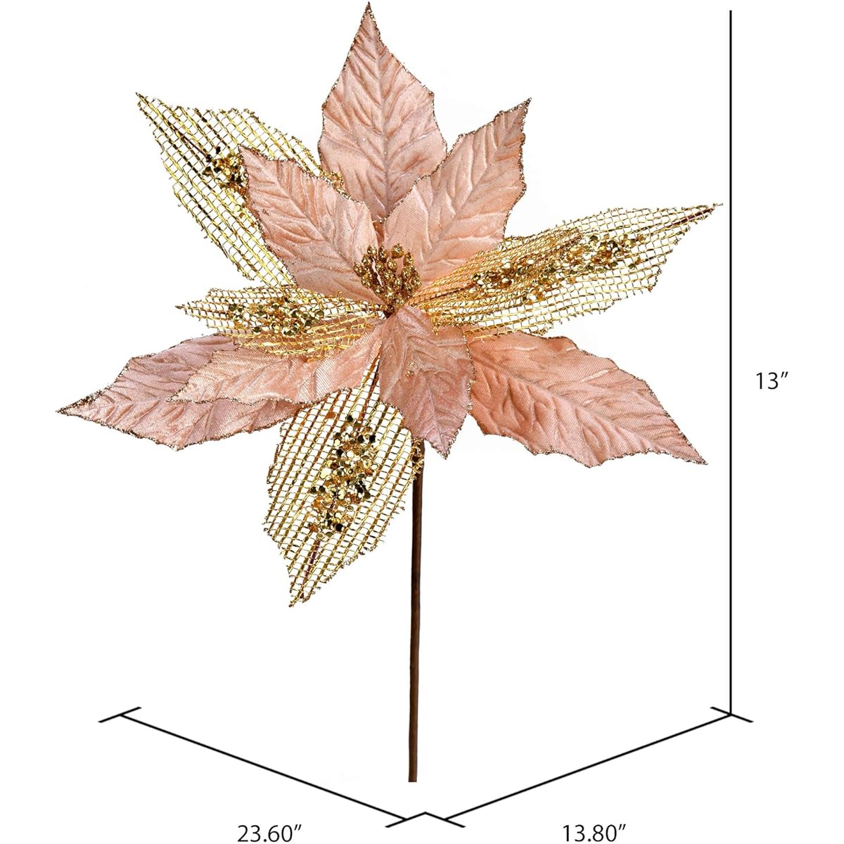 Vickerman Poinsettia Mesh Glitter Artificial Spray Christmas Decorations, 13 Inch, Rose Gold, 6 Pieces