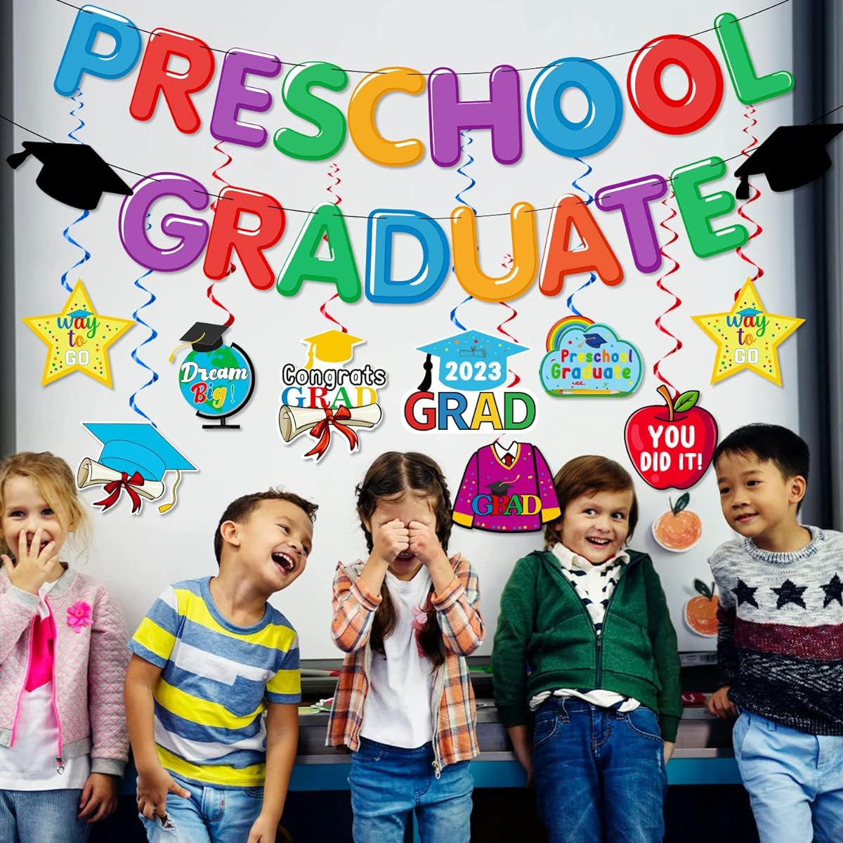Preschool Graduation Party Decorations, 2023 Preschool Graduation Banner, 2023 Graduation Celebration Swirls for Kids Classroom Decor, Kindergarten Graduation Party Celebration Giveaway Supplies