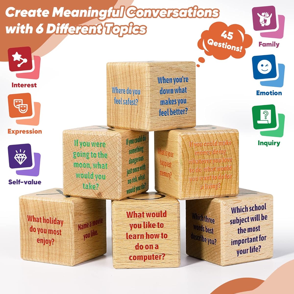 Wooden Conversation Cubes - 9 Pieces Ages 6+ Social Emotional Learning Cubes School Counselor Supplies Speech Therapy Toys Ice Breaker Cubes Gifts for Boys and Girls
