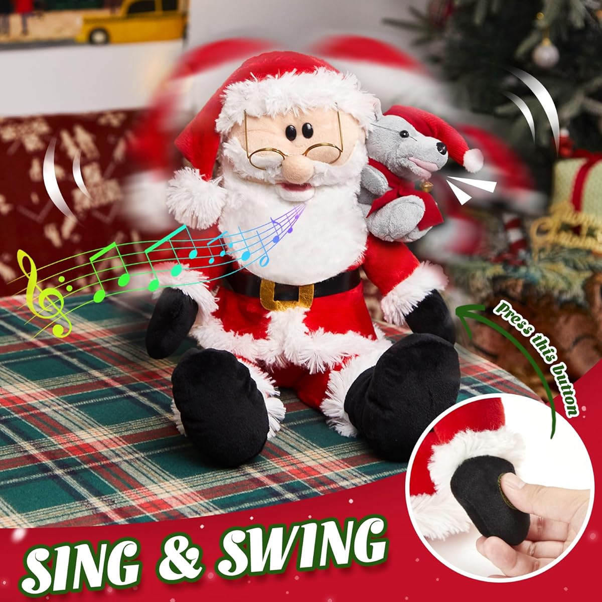 Houwsbaby Singing Twerking Santa Claus Interactive Christmas Plush Toy with Music Electronic Animated Stuffed Animal Mouse on Shoulder Red 20"