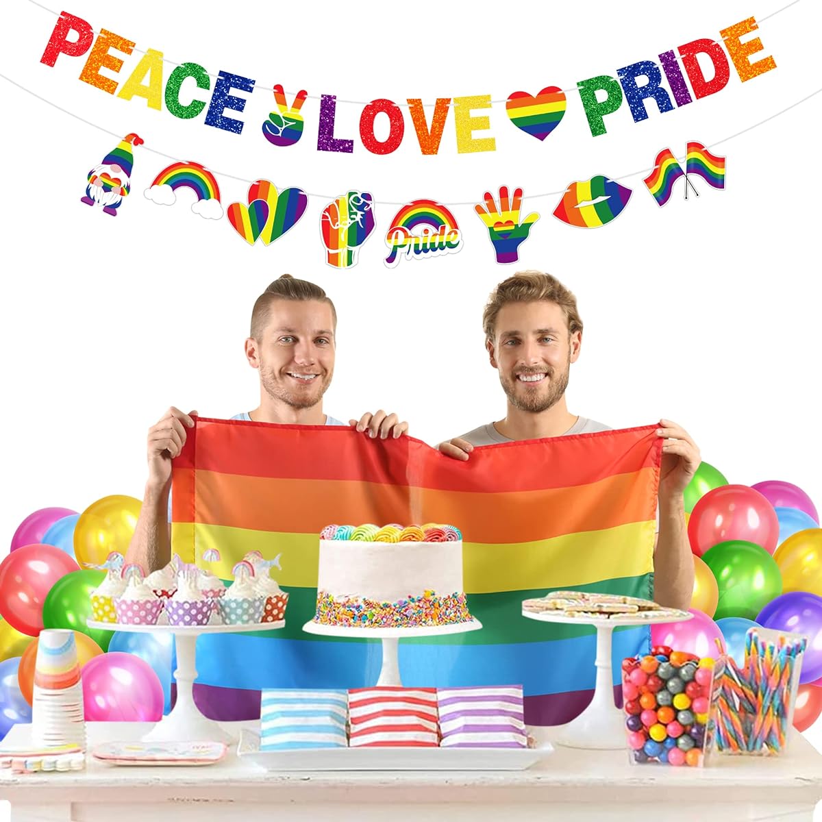 Pride Month Decorations No DIY Required Glitter PEACE LOVE PRIDE Rainbow Banner for Lesbian Transgender Party Gay Pride Parade LGBTQ Rainbow Party Decorations