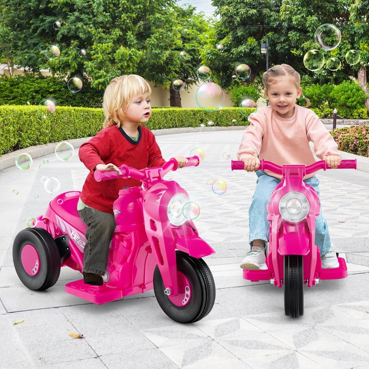 OLAKIDS Kids Bike 6V Electric Ride with Automatic Bubble Function, Foot Pedal, Headlight, Music, 3 Non-Slip Wheels Car for Kids and Toddlers Ages 3+ (Pink)