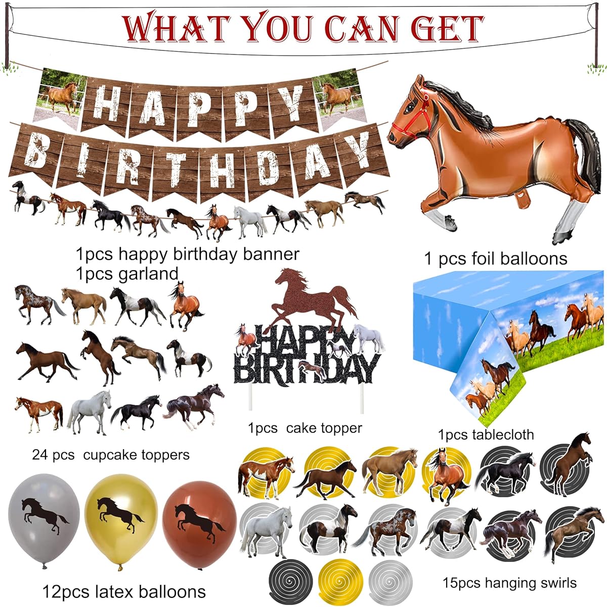 56pcs Horse Birthday Party Decorations Horse Theme Happy Birthday Banner Hanging Swirl Foil Latex Balloons Cake Cupcake Topper Tablecloth Horse Party Supplies