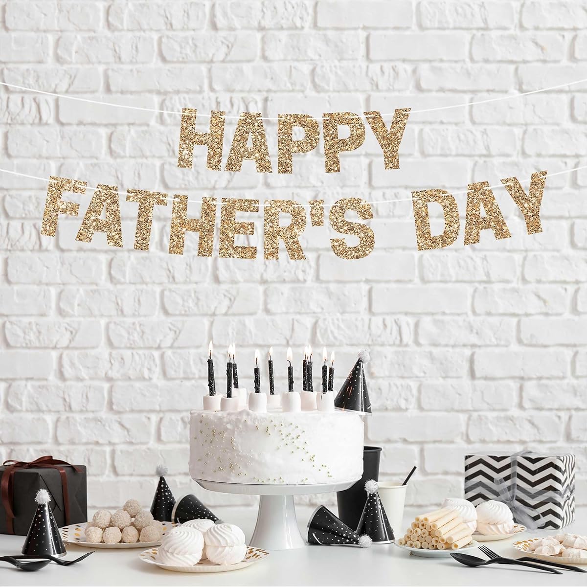 Pre-Strung Happy Fathers Day Banner - No DIY - Gold Glitter Happy Fathers Day Banner - Pre-Strung on 8' Strands - Best Dad Ever Did I not mention Father's Day Party Decorations DIY?