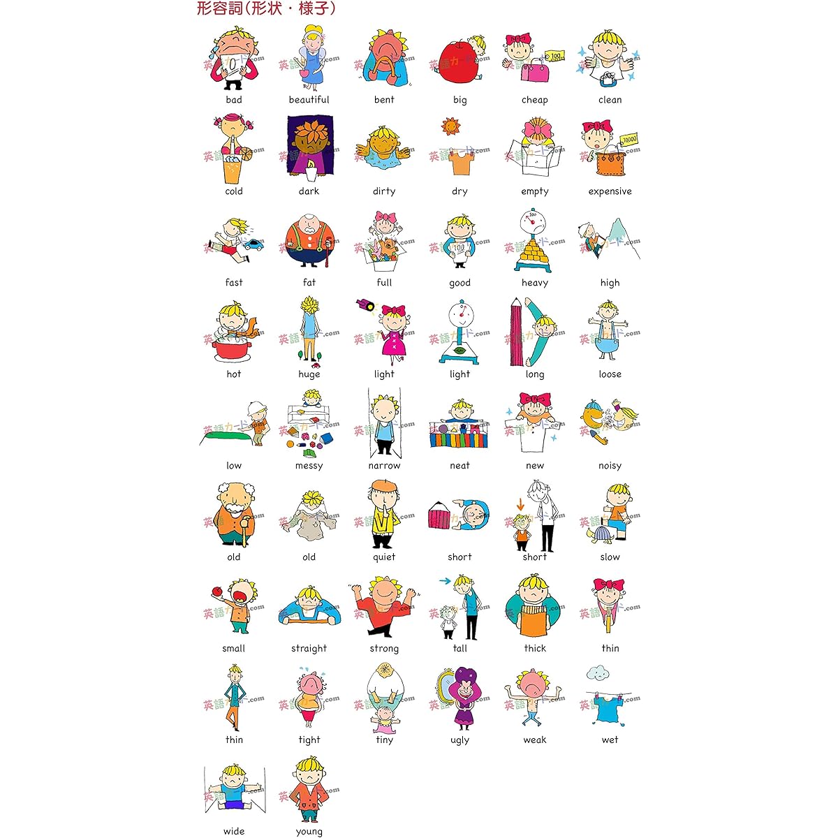 Flashcards, English word cards (Adjectives-Shapes and Conditions) ■A4 size, laminated■