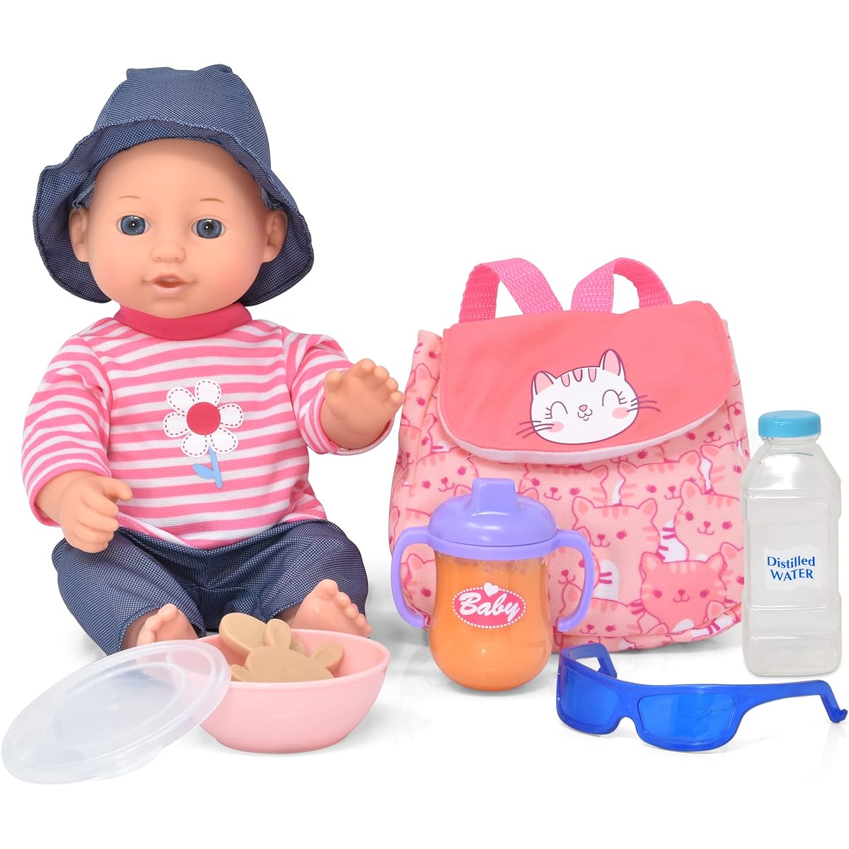 Doll Picnic Food Playset, Baby Doll Accessories Set Includes 30cm Doll with School Backpack, Feeding Toys, Milk Bottle, Juice Sippy Cup, Bib, Rubber Hippo and Juicy Candy Box, Lunch Snack Crackers