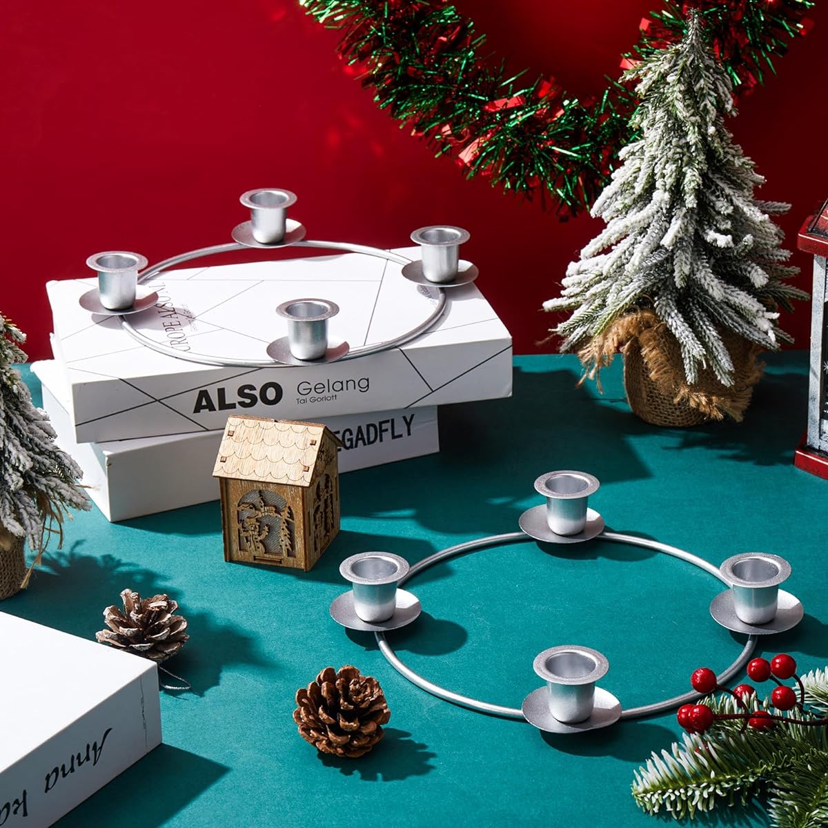 Mifoci Christmas Candle Rings Wreath Advent Wreath Ring Advent Candle Christmas Silver Advent Holder Christmas Advent Ring Wreath Table Decoration Tapered Metal Candle Holder for Home Decoration 20pcs