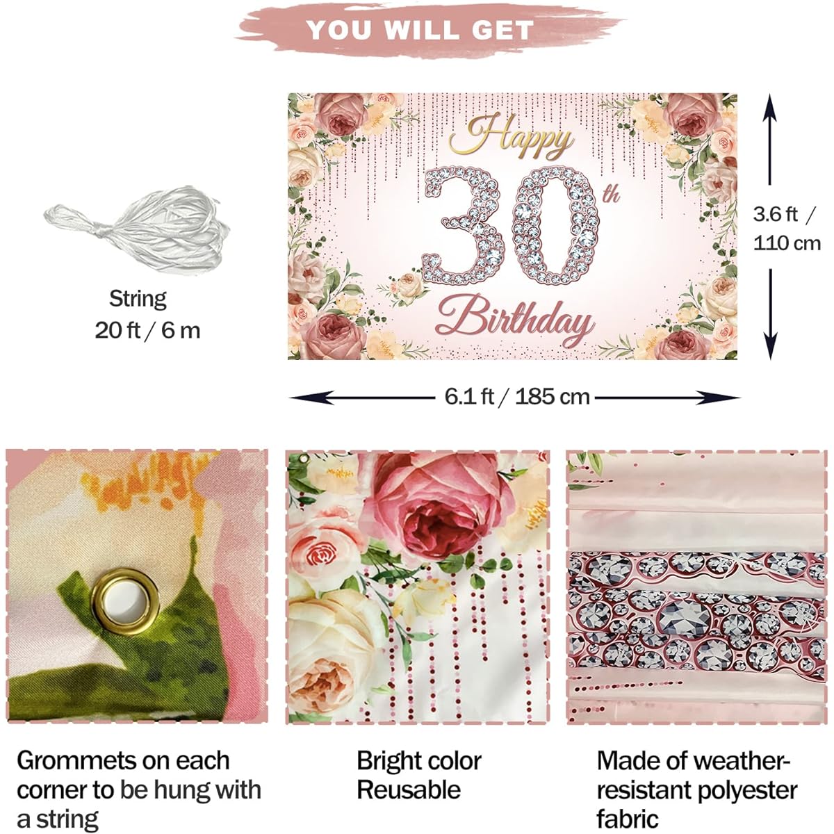 HTDZZI 30th Birthday Decorations for Women Rose Gold Happy 30th Birthday Banner Backdrop Pink Floral 30th Birthday Party Yard Sign Photo Booth Props Poster Backdrop Decor Fabric 6' x 3.6'