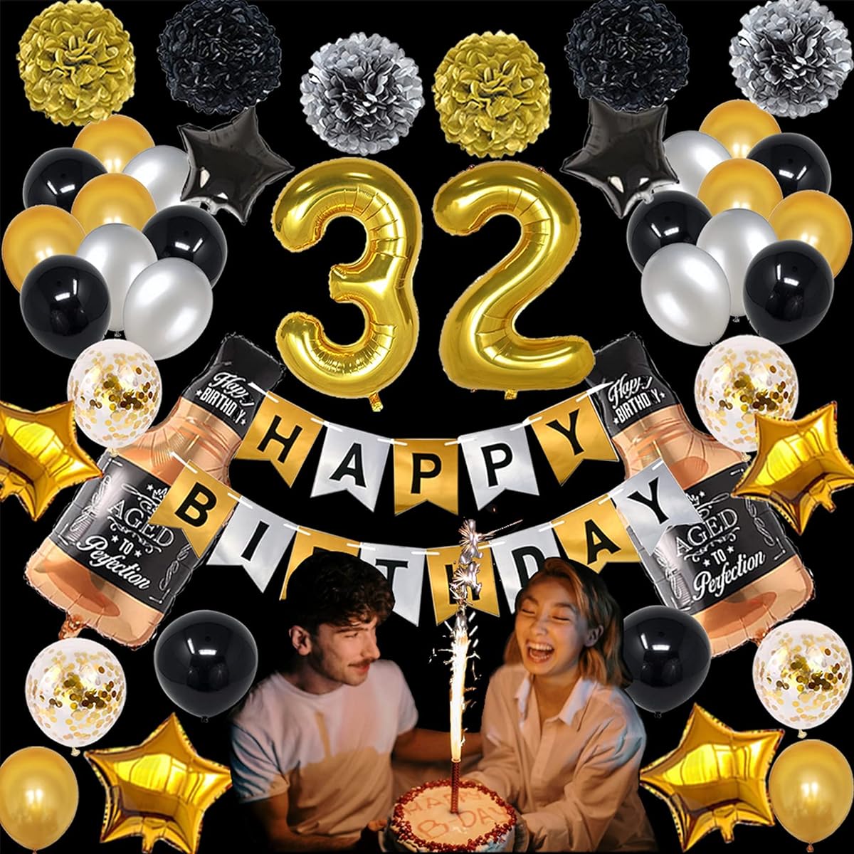 NANINUNENO 32nd Gold Birthday Decorations Gold Black Silver Happy Birthday Balloons Supplies for Boys Girls Women 32 Birthday Party Set 32 Gold Number Balloons Happy Birthday Banner Whiskey Bottle Balloons