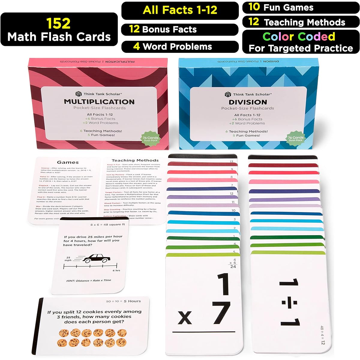Think Tank Scholar Multiplication and Division Flash Cards (300 Facts) Award Winning Math Facts 1-12 Flash Card Set - Ages 8+3/4/Grade 5/6 6 Teaching Methods 5 Learning Games