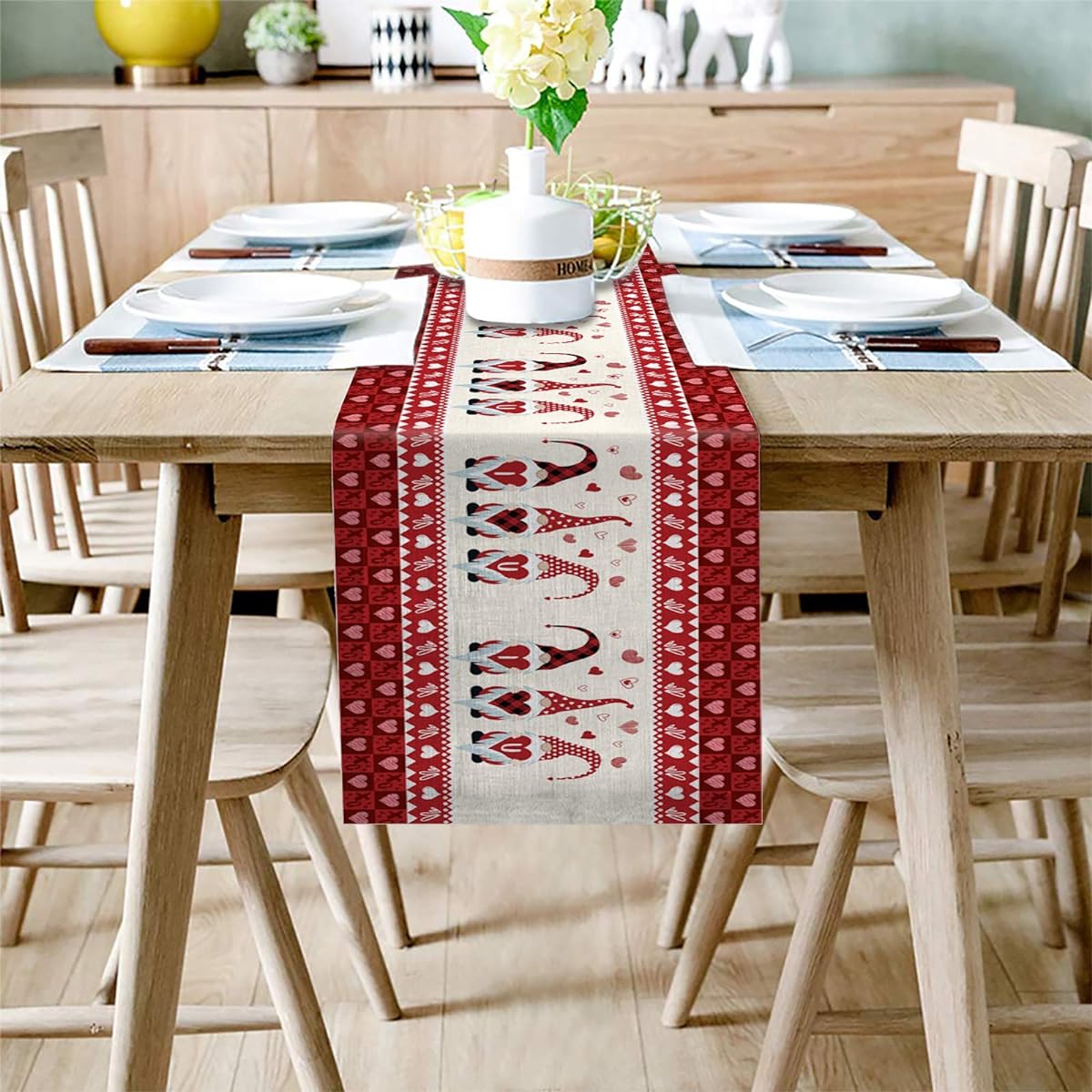 Libaoge Coffee Table Runner 13 x 102 inches long Valentine's Day I Love You Gnomes Burlap Table Runner Home Decor Craft for Family Dinners, Parties, Holiday Gatherings
