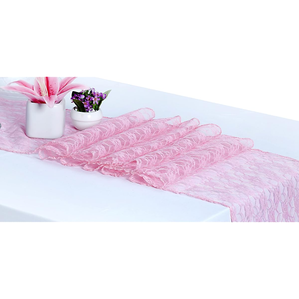 MDS 20 Pack Wedding 12 x 108 Inch Lace Table Runner Wedding Banquet Decoration Lace Table Runner 20 Pink 20 _lace runner_ blush pink