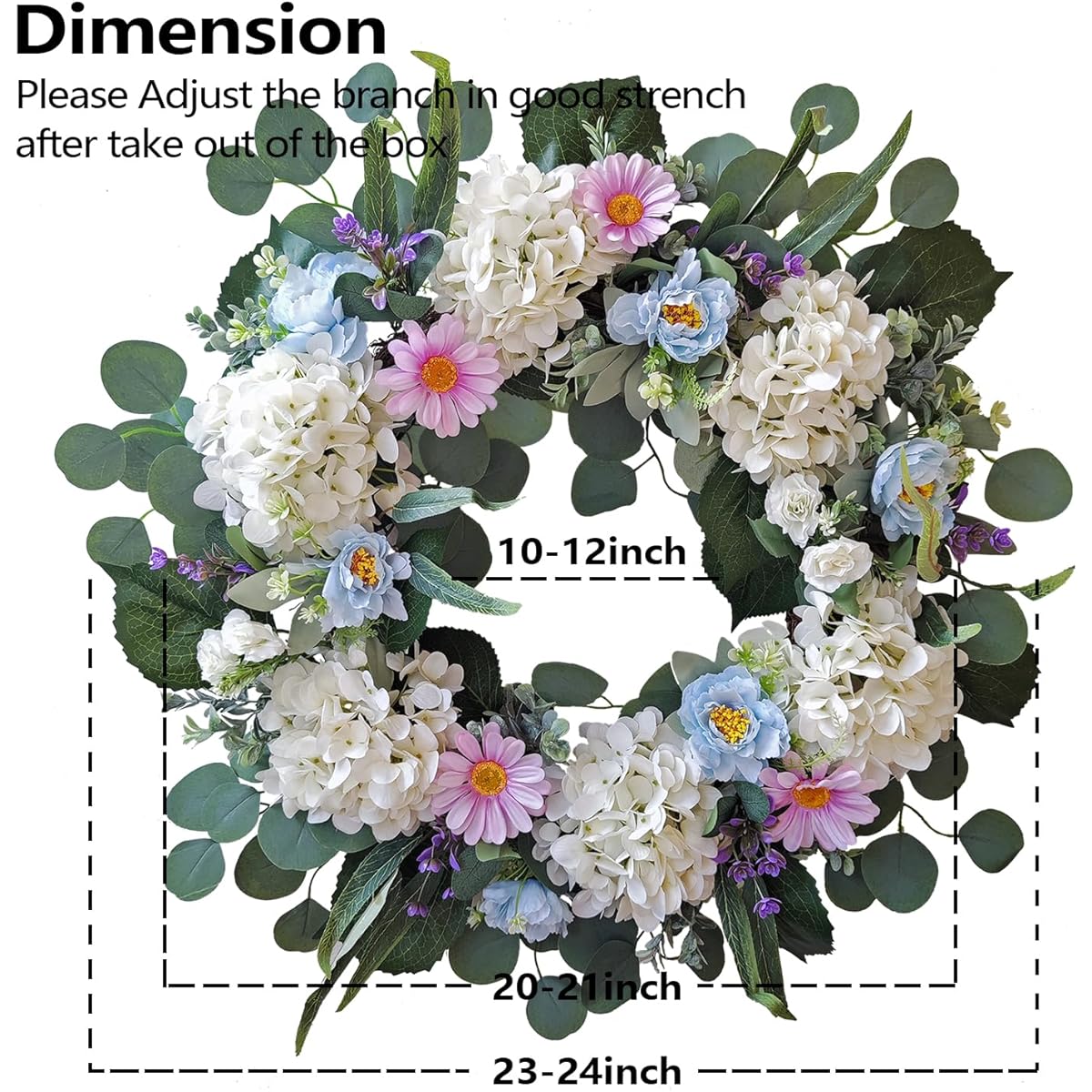 WANNA-CUL 24" Spring White Hydrangea Wreath Entryway Decor with White Rose and Blue Peony Flowers for Wedding and Home Decor