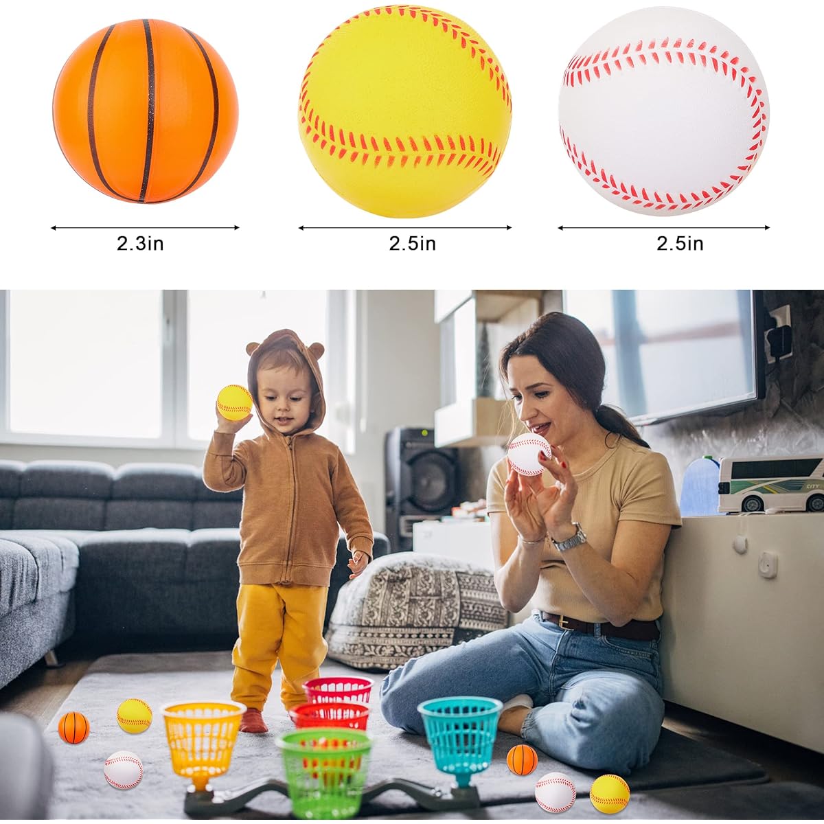 Nazano 3 Pack Mini Foam Sports Balls Mini Basketball Baseball Kids Adult Relaxation Ball Party Outdoor Indoor Games