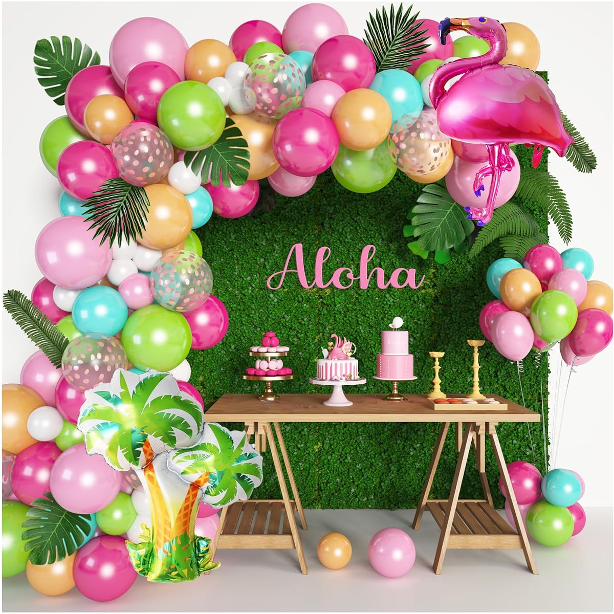 132pcs Tropical Flamingo Balloon Garland Kit, 40" Coconut Tree Foil Flamingo Balloons Green Pink Aqua Blue Confetti Balloons Palm Leaves Baby Shower Hawaiian Luau Birthday Party Decoration Supplies