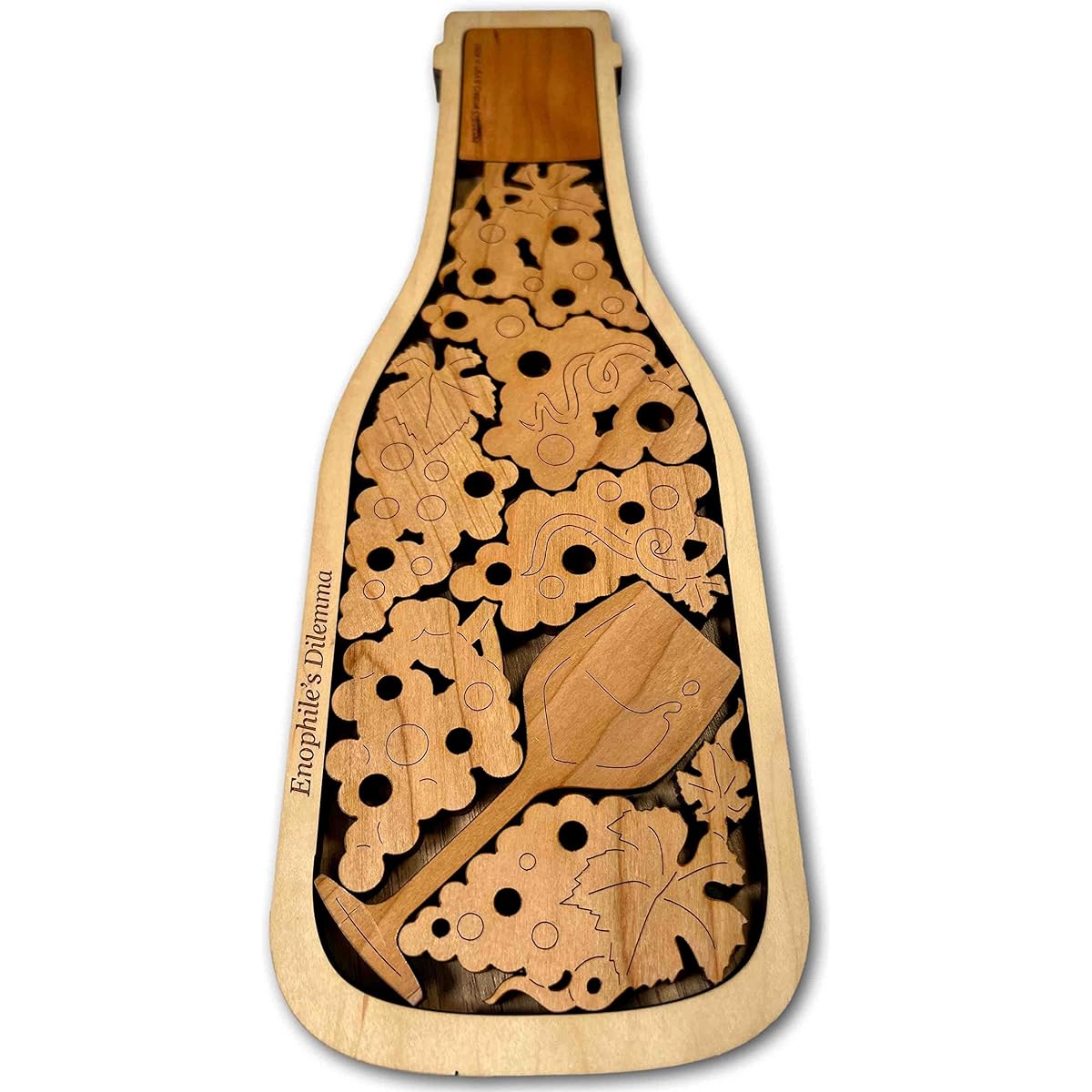 Enophile's Challenge or Bottle of Fine Wine Wood Brain Teaser Puzzle - Alder wood