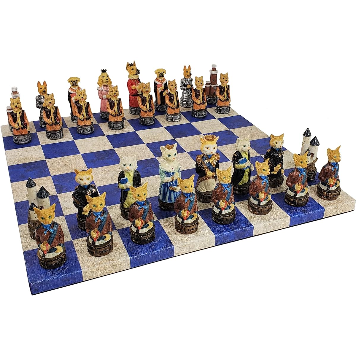 Royal Cats Vs Dog Animal Chess Set, 14" Blue & Cream Faux Leather Board