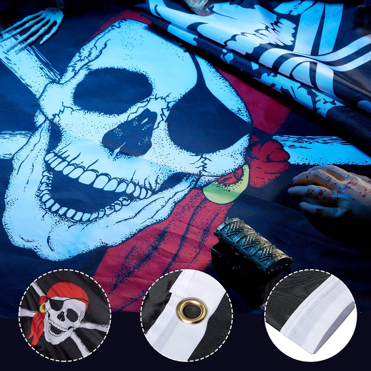 Set of 4 Halloween Pirate Flags 3x5ft Jolly Roger Pirate Flags Skeleton Pirate Banner Halloween Retro Decorative Flags for Halloween Party Home Decorations, 4 Styles