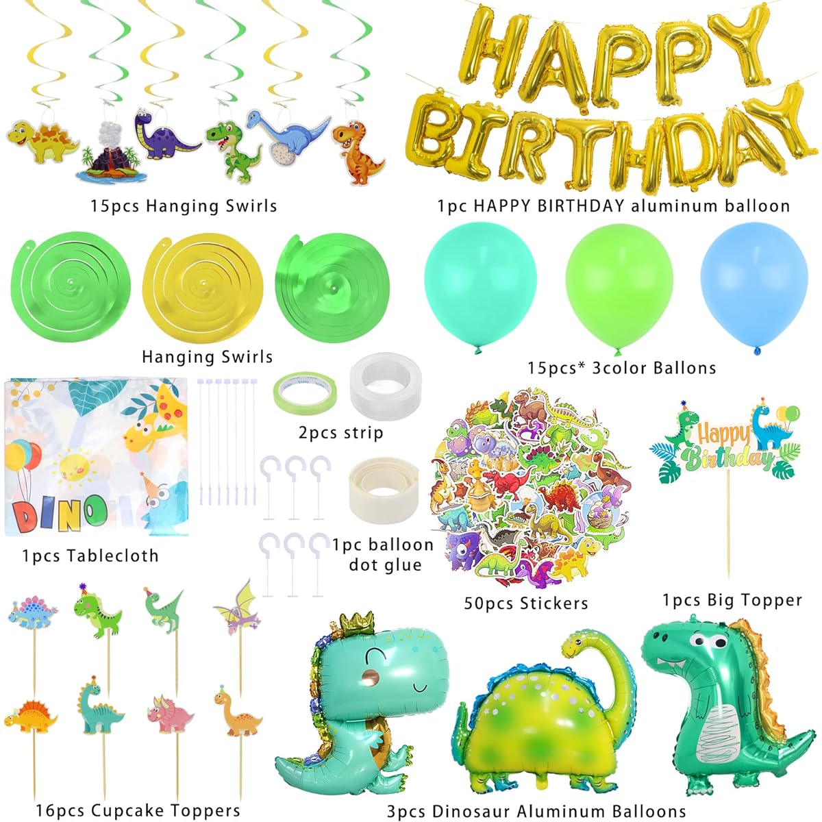 AK KYC Dinosaur Birthday Party Decorations & Balloons Arch Garland Kit Dinosaur Balloons HAPPY BIRTHDAY Balloons Tablecloth Hanging Swirl Cupcake Toppers for Dinosaur Themed Kids Party