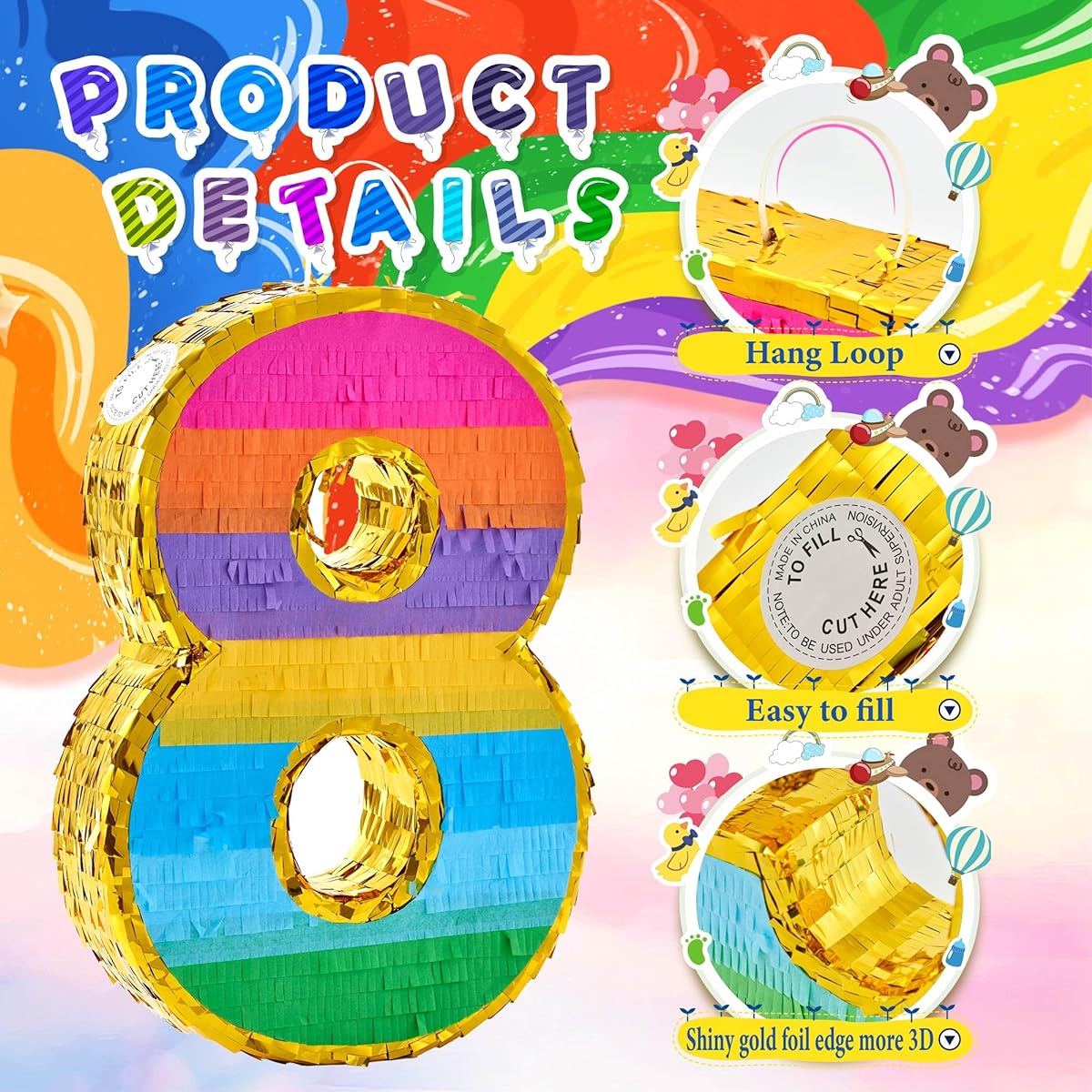 Rainbow Number 8 Pinata, 8th Birthday Party Decorations, Birthday Pinata with Stick Blindfold and Confetti for Kids Anniversary Celebration Fiesta (Small, 46.5 x 11.5 x 3 Inches)