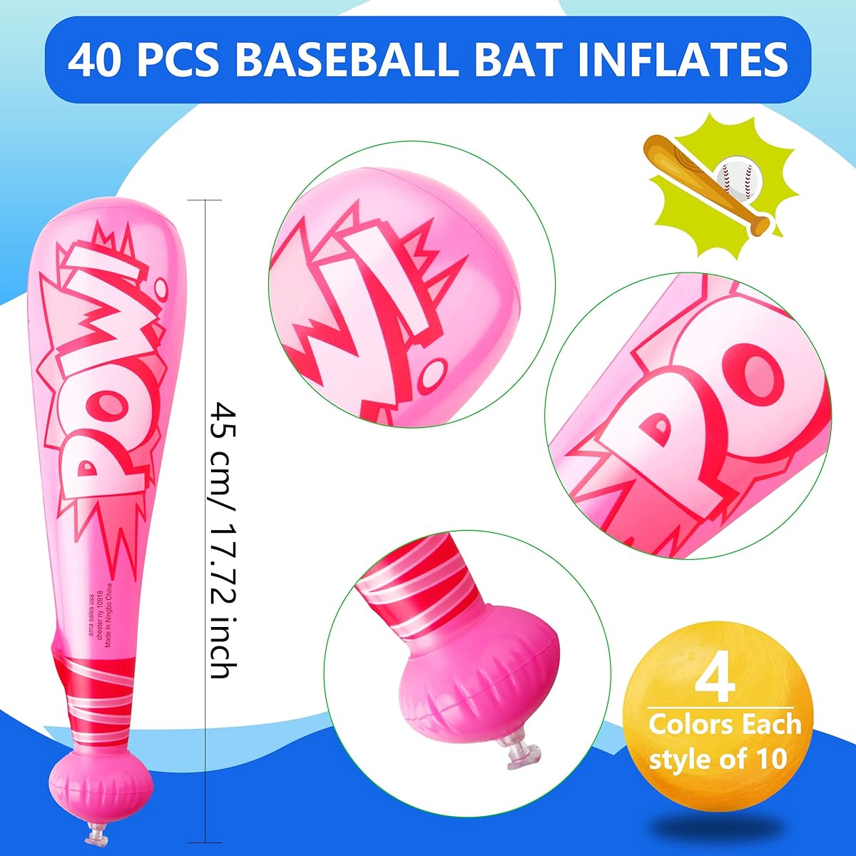 Sonarun Inflatable Baseball Bats, 40 Pack 20 Inch Inflatable Toy Bats Baseball Bats for Carnival Birthday Swimming Pool Baseball Theme Party Favors