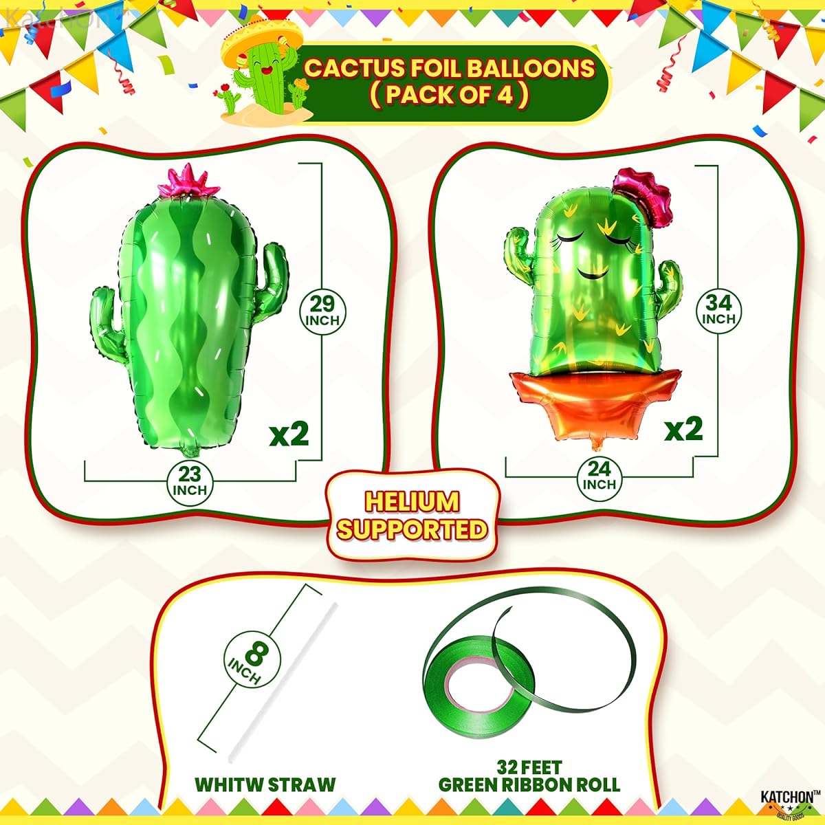 Cactus Balloons for Fiesta Party Decorations - Pack of 4 | Cactus Balloons, Cinco De Mayo Birthday Decorations | Cactus Mylar Balloons, Fiesta Baby Shower Decorations | Taco Bout A Baby Decorations