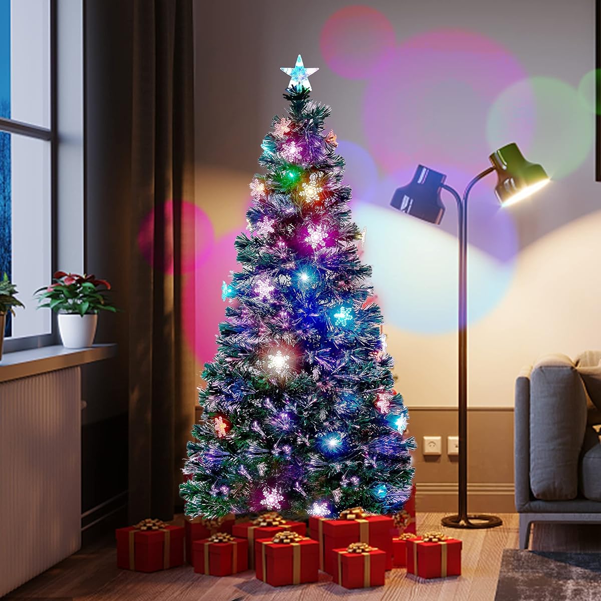 Juegoal 6ft Pre-lit Fiber Optic Christmas Artificial Tree LED RGB Color Changing LED Lights Snowflake Top Star Festival Party Holiday Faux Multicolor Christmas Tree with Sturdy Metal Legs