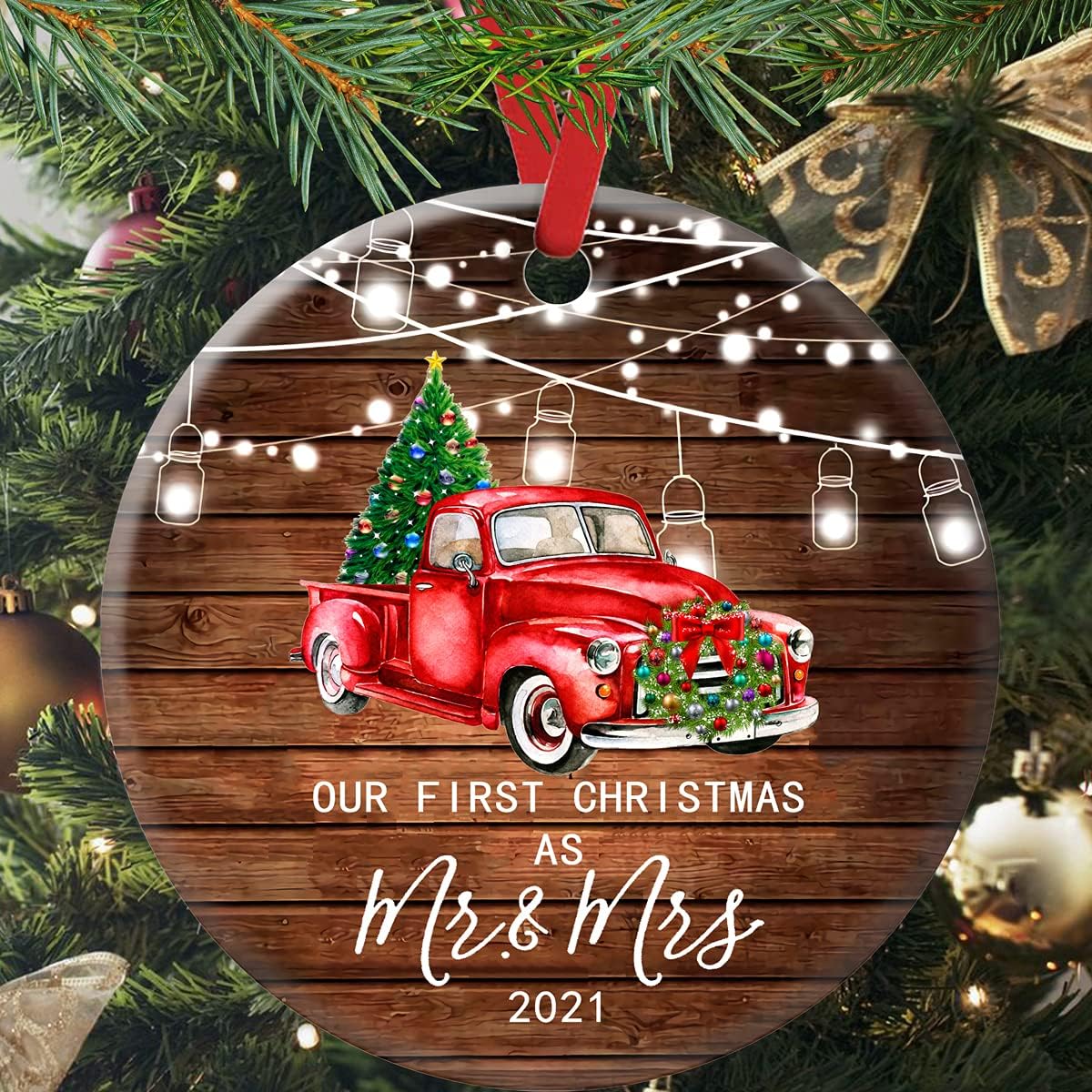 Mr Mrs Ornaments 2021 Wood Grain Christmas Tree Red Pickup Old World Christmas Ornaments Sign Wreath Christmas Ornaments Red Truck Christmas Ornaments