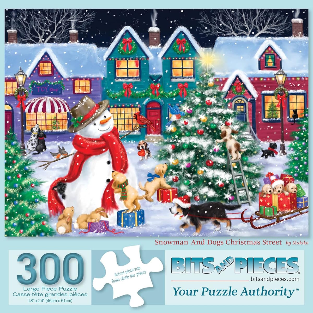 Bits and Pieces - 300 Piece Jigsaw Puzzle for Adults 18" x 24" - Snowman and Dog Christmas Street - 300 Piece Winter Holidays Snow Village Town Tree Presents Jigsaw Puzzle by Artist Makiko