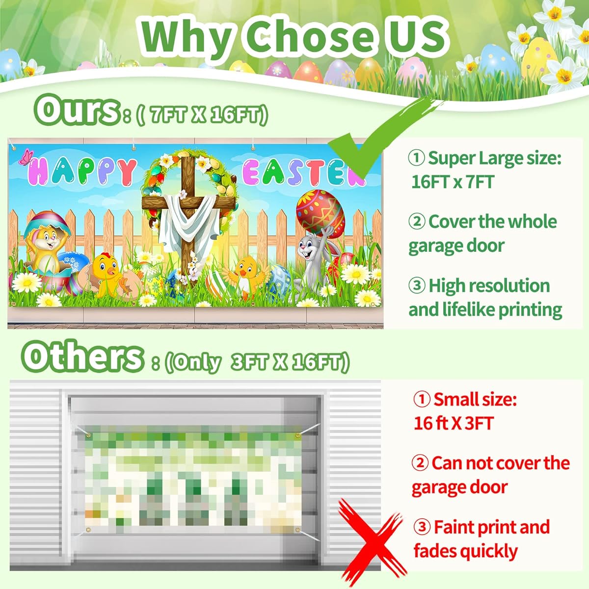 16x7ft Easter Garage Door Banner,Large Easter Garage Door Decorations Backdrop Cover Festive Religious Design with Cross Outdoor Mural Background Easter Backdrop Decor for Easter Spring Holiday