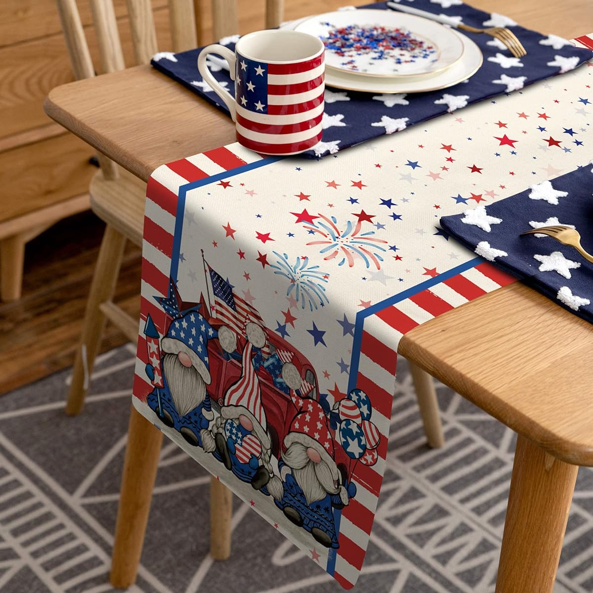 4th of July Gnome Table Runner 13x72 Inches Length Patriotic Gnome Truck Table Runner Home Kitchen Dining Room Holiday Party Coffee Table Decor Independence Day Indoor Outdoor