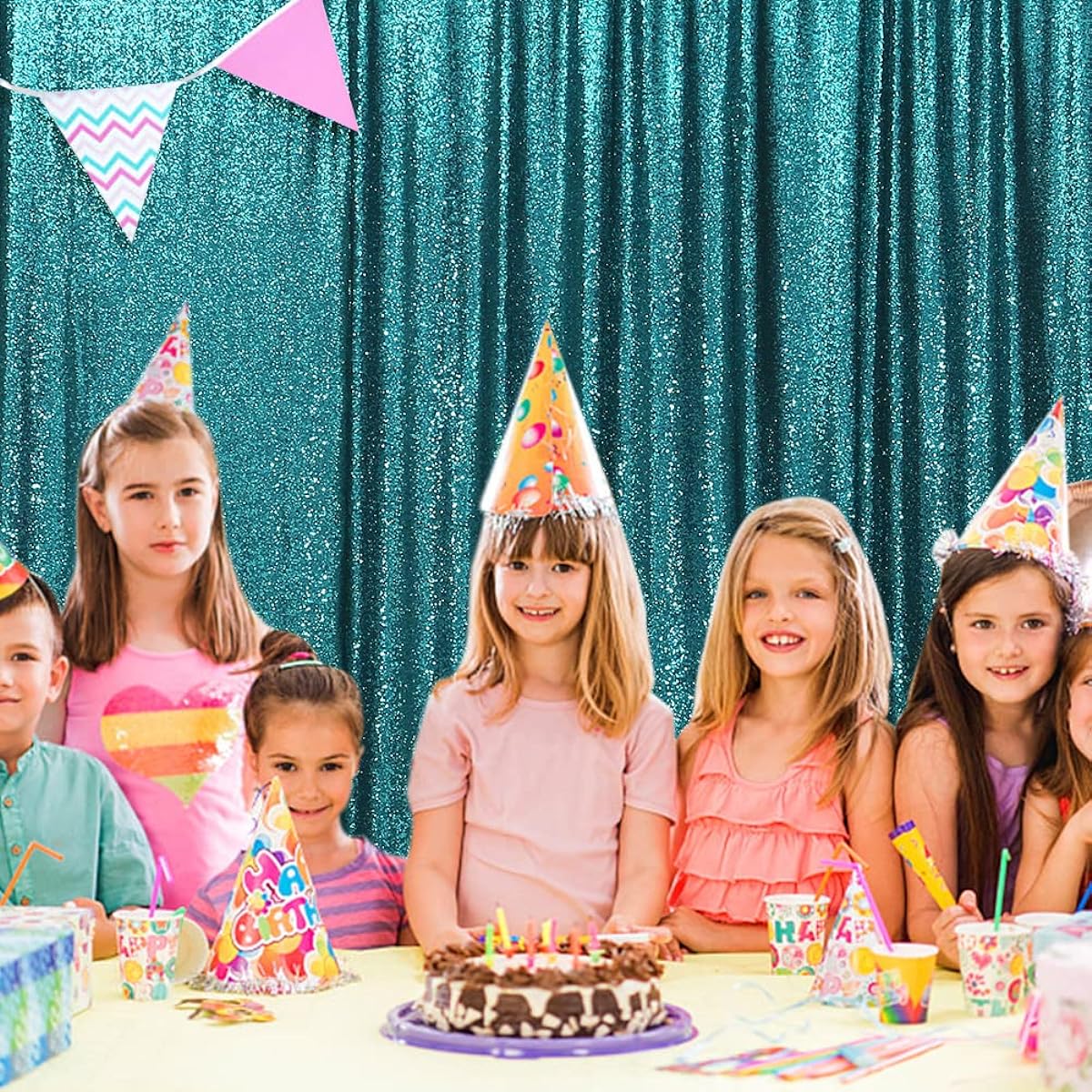 SquarePie Sequin Backdrop, Opaque Background, Sparkly Curtains for Wedding Party, 8ft x 8ft, Teal