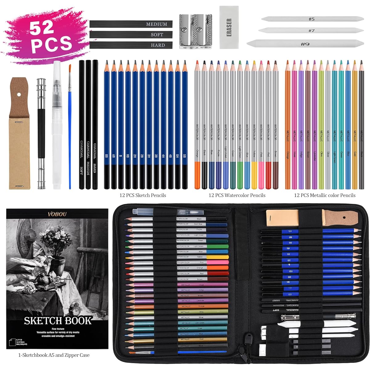 VOBOU 52pcs Color Drawing Pencils Art Kit Sketching Graphite Pencils with Portable Case for Artists Adults Teens Beginners School Art Supplies Perfect for Shading and Blending